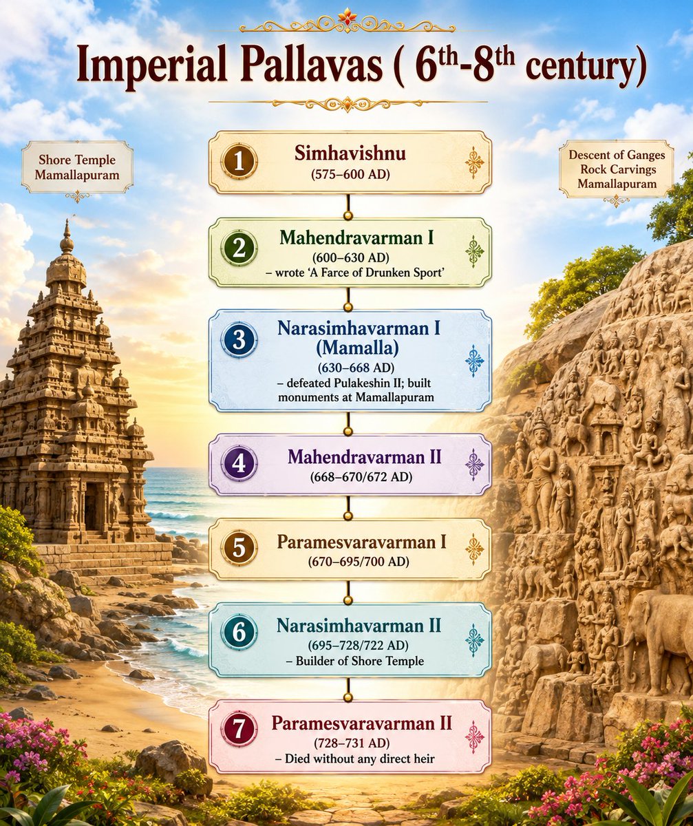 PrasunNagar's tweet photo. Imperial Pallavas and the Kadava Pallavas, between 6th- 9th century. 

The Pallavas were a great power of South, who not only used their military machine, but also constructed various templea, and pieces of architecture which are breathtaking, like the Shore temple at Mahabalipuram. 

Their kings were patrons of art, literature and Sanskrit language and had deep diplomatic relations with the Chinese. 

The Imperial Pallava line ended in 731 AD, and the Kadava line in 897.

The great kingdom of Pallavas became a part of the emerging Chola empire.