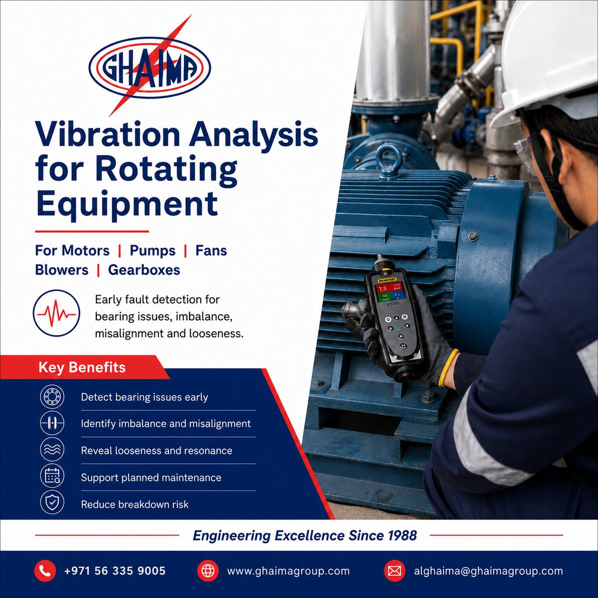 GhaimaGroup's tweet photo. Vibration analysis helps detect imbalance, misalignment, bearing wear, looseness and developing mechanical faults before breakdown.

Ghaima Group supports motors, pumps, fans, blowers, gearboxes and compressors.

#VibrationAnalysis #PredictiveMaintenance https://t.co/VWfX1FlCLm
