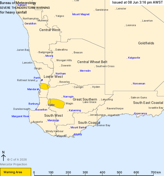 weather_wa's tweet photo. @perthovalman @Sparrow_65 @BunburyWeather @paulmp @drstip @ImTheOnlyAstro @coffeevanishere @ManjitK6987 @speedbird020 @fizzy1975 @baxlex @MJG_1990 @Barnsy_Lisa @2017Ferret @PerthAirport A Severe Thunderstorm Warning For Heavy Rainfall Has Been Issued For Parts Of The Southern Suburbs Of #Perth, #GreatSouthern And #SouthWestWA ⚠️ #Mandurah #PerthNews #PerthStorm #PerthTraffic #PerthWeather #Wheatbelt #WesternAustralia https://t.co/XMzogVjRWn