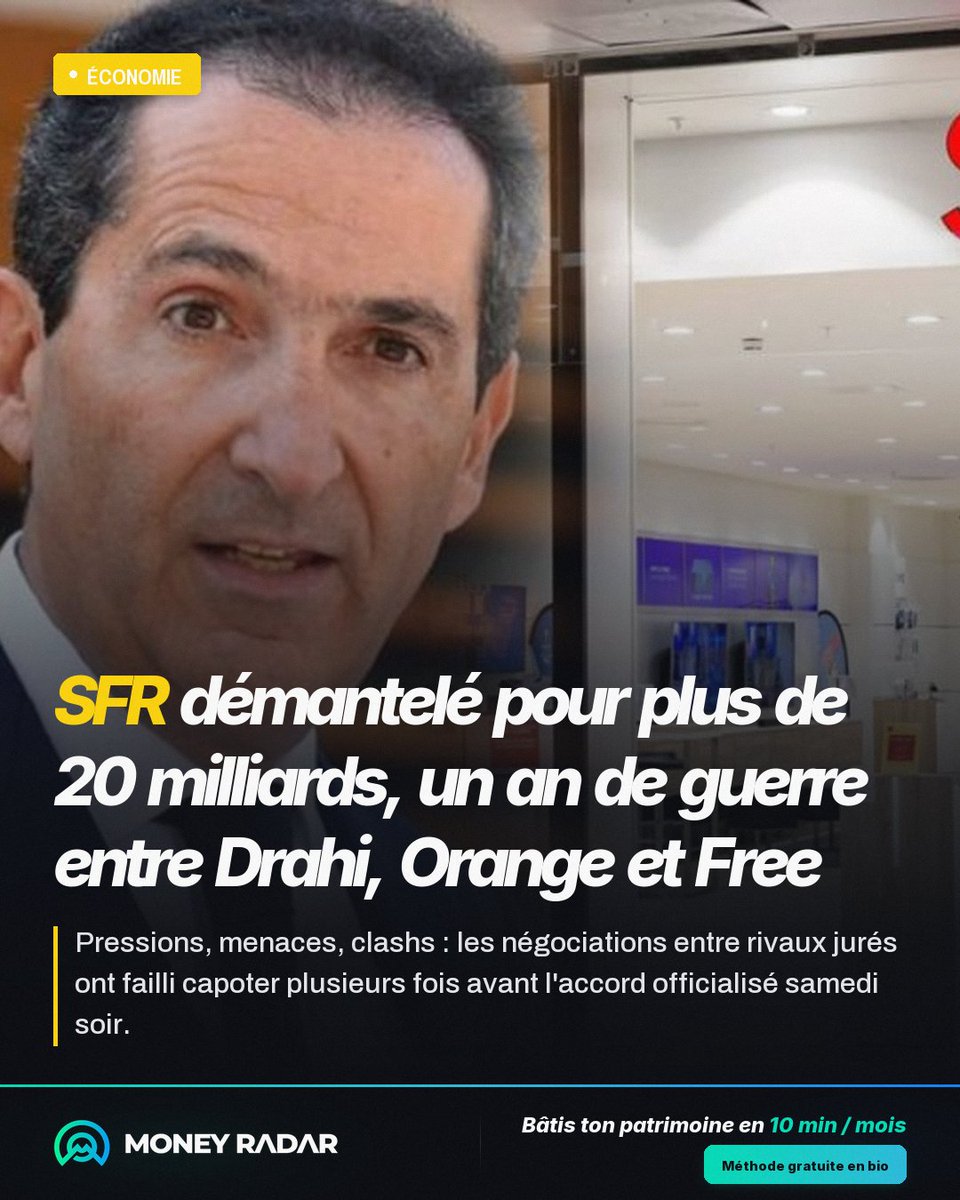 MoneyRadar_FR's tweet photo. 🚨C'est le plus grand dépeçage industriel de la décennie en France. Une boucherie corporate à 20 milliards d'euros. 🇫🇷

Après un an de négociations à couteaux tirés, de menaces et de perquisitions, c'est officiel : le géant SFR va être totalement démantelé et dévoré par ses trois rivaux Orange, Bouygues et Free. 🦖

Au cœur du drame : le milliardaire Patrick Drahi, acculé par une dette colossale de 24 milliards €, forcé de liquider sa "tour Eiffel" depuis son bunker à Tel-Aviv.

Les coulisses sont dignes d'une mafia en costard : des milliards de passifs pénaux cachés sous le tapis, une enquête pour fraude fiscale aggravée, et des patrons de la tech qui s'insultent dans des appartements secrets du 8e arrondissement.

Pendant que les abonnés s'inquiètent de leurs forfaits, les employés pour leurs emplois, les oligarques se partagent les restes d'un empire en ruine. 

Drahi a réalisé le braquage du siècle en refilant une boîte surendettée pour 20 milliards.