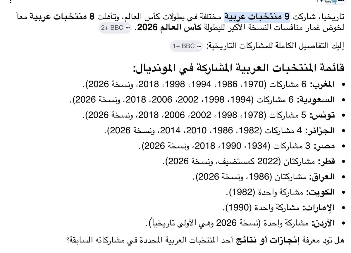 abdtab's tweet photo. #معلومة 

، شاركت 9 منتخبات عربية مختلفة في بطولات كأس العالم، وتأهلت 8 منتخبات عربية  للبطولة كأس العالم 2026. 
المغرب: 6 مشاركات 
السعودية: 6 
تونس: 5 
الجزائر: 4 
مصر 2
قطر: مشاركتان 
مصر 3 
العراق: مشاركتان 
الكويت: مشاركة واحدة (1982
الإمارات: مشاركة واحدة 
الأردن مره 2026 https://t.co/sRUzlMfDAi