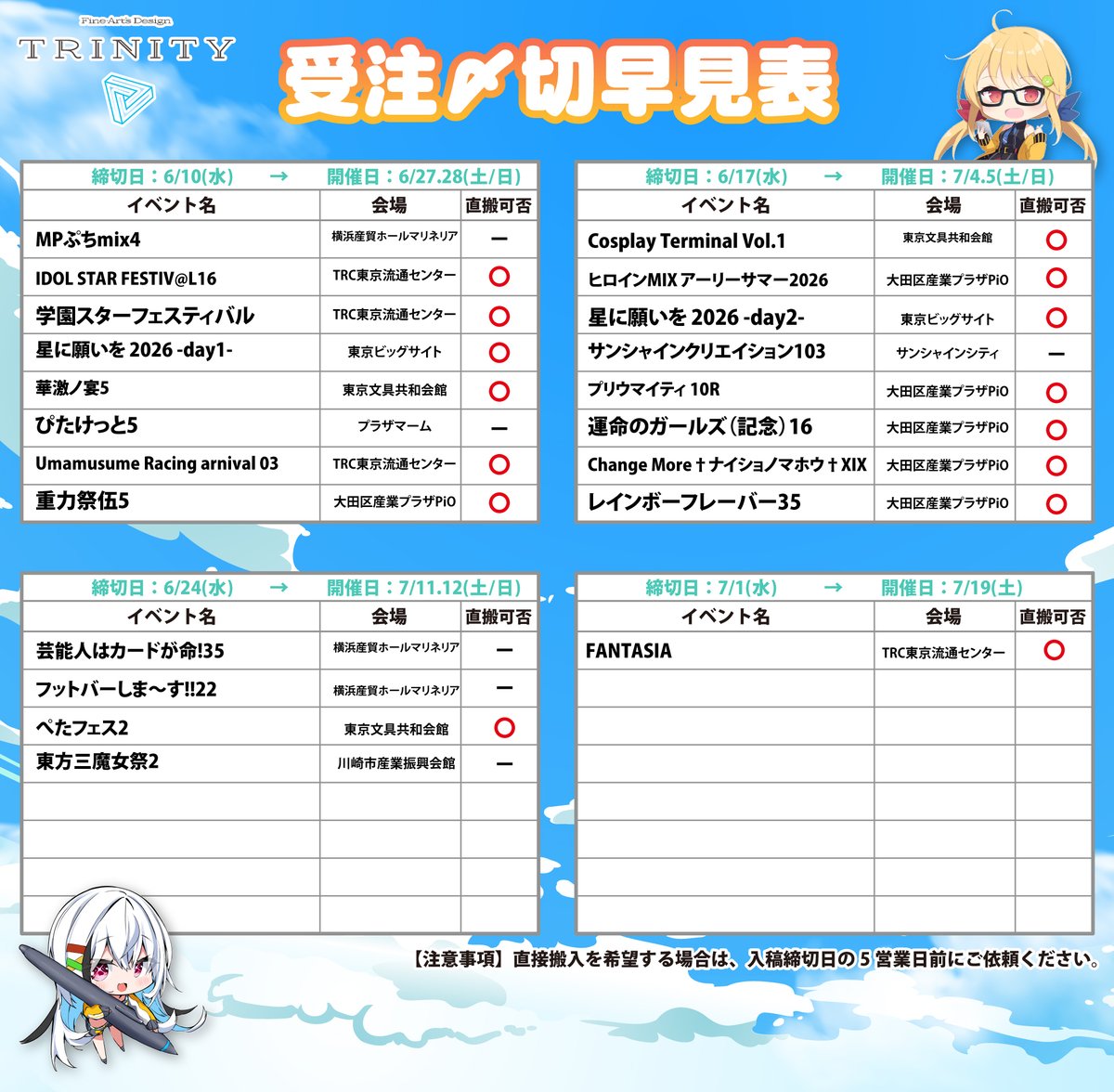 trinity_f_a_d's tweet photo. 【20260608更新】
今週の各イベント日ごとの締切情報になっております。

先週6/5(金)より
夏にぴったり！アクリルフェアを開催しています。

さらに新商品も登場！
ぜひイベント合わせでもお試しください！

その他の同日イベントについても是非こちらの締切表を参考にご注文にお役立てくださいませ🙇‍♂️

https://t.co/teSHfVqC9D