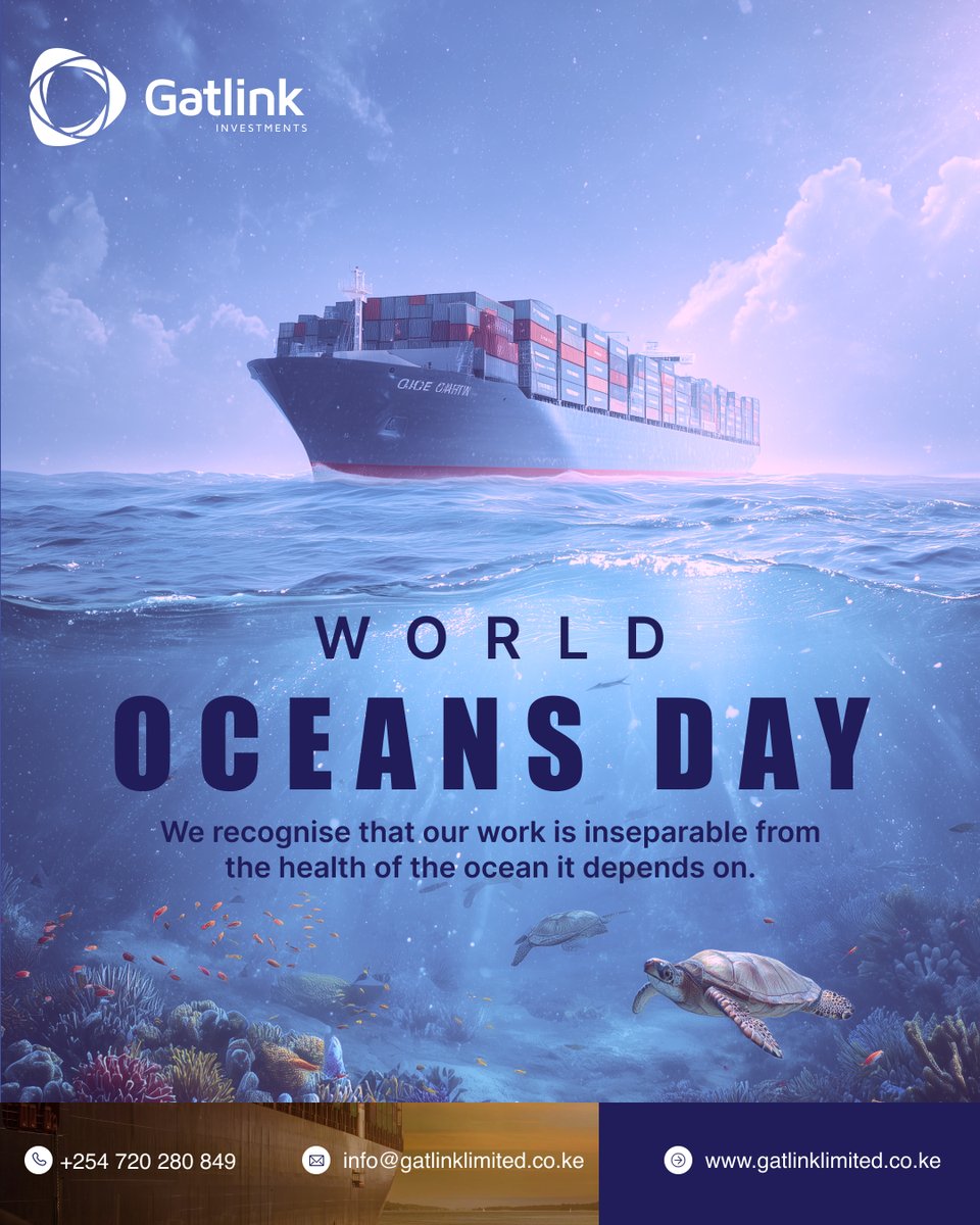 InvestGatlink's tweet photo. Happy World Ocean Day!

Here's a number worth sitting with: over 80% of everything Kenya imports arrives by sea.

Today we celebrate the ocean that keeps trade moving. 🌍

#WorldOceanDay #OceanDay2026 #GatlinkInvestments #MombasaPort https://t.co/cOB91PQhTI
