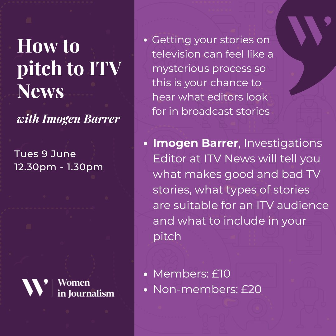 WIJ_UK's tweet photo. Do you want to get your stories on ITV News? Join us for a very exciting masterclass with @imogenbarrer  Investigations Editor at ITV as she teaches you how to pitch stories for TV 📺

Book your ticket now: https://t.co/eHb4owJunA https://t.co/6TCBGDtn2V