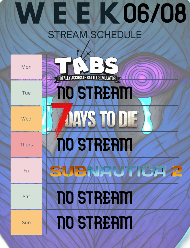 DPLAGUED_'s tweet photo. Weekly Livestream Update for 6/8/26
Mondays, Wednesdays & Fridays @ 11PM PST Youtube- DPlagued
Twitch- DPlagued
#weeklyupdate #gaming #youtube #twitch #livestream #7daystodie #TABS #subnautica2 #videopromo https://t.co/wjpi53rIh3
