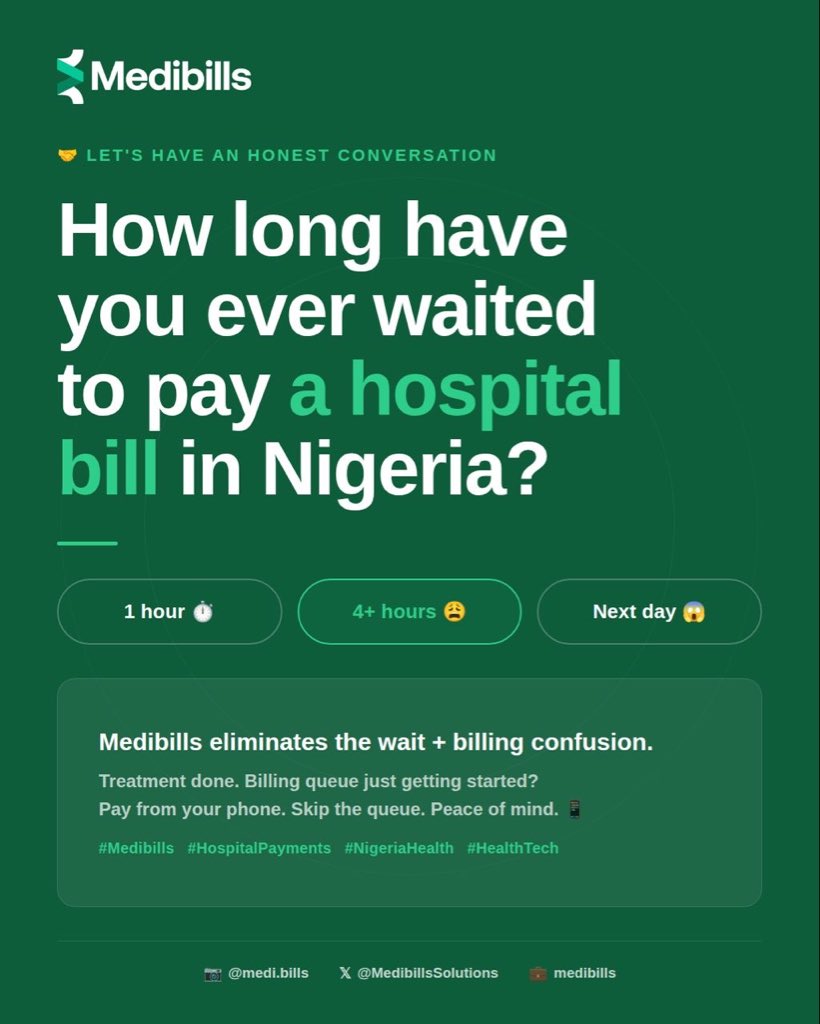 Medibillsng's tweet photo. How long have you ever spent waiting to pay a hospital bill?
For many Nigerians, getting treatment is only half the journey. Long billing queues, multiple payment points, and unclear processes can turn a simple hospital visit into hours of waiting and frustration.
With Medibills, hospital payments become faster, simpler, and more convenient. Pay directly from your phone, skip unnecessary queues, and focus on what truly matters;your health and recovery.
#Medibills #HospitalPayments #NigeriaHealth #HealthTech #DigitalHealth #HealthcareInnovation