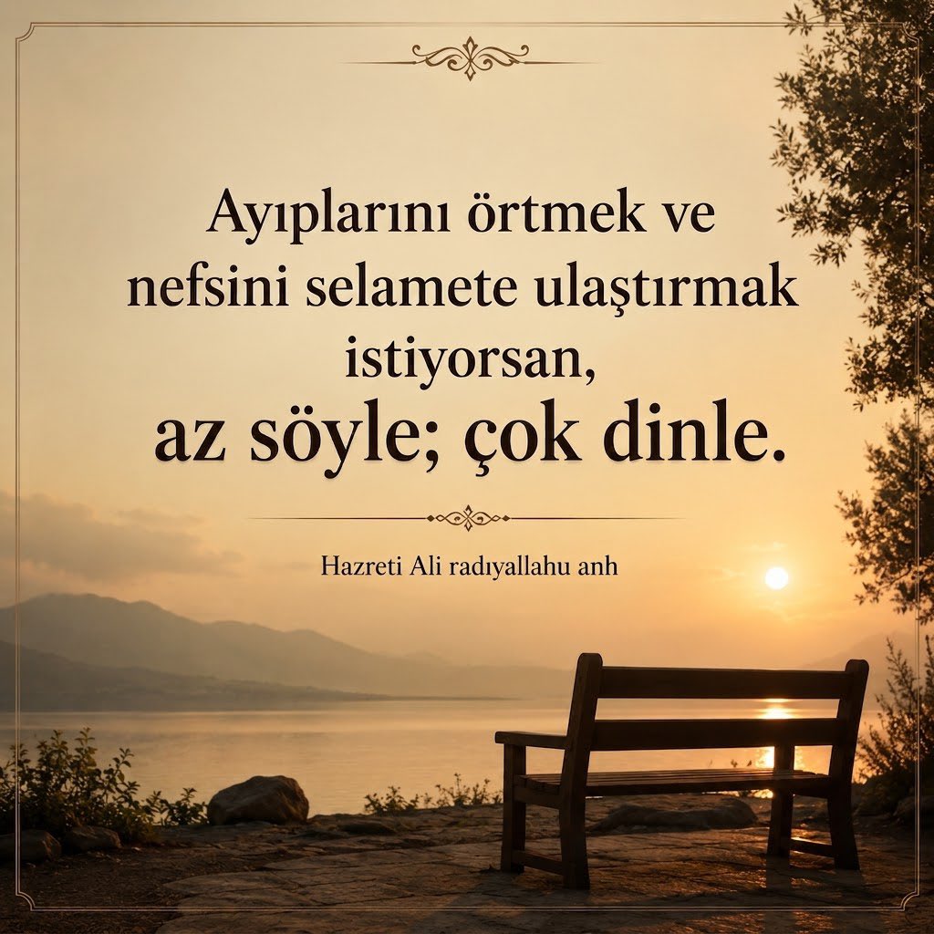 ibretliksoz's tweet photo. “Ayıplarını örtmek ve nefsini selamete ulaştırmak istiyorsan, az söyle; çok dinle.”

Hazreti Ali radıyallahu anh https://t.co/LUQSXZpJL5
