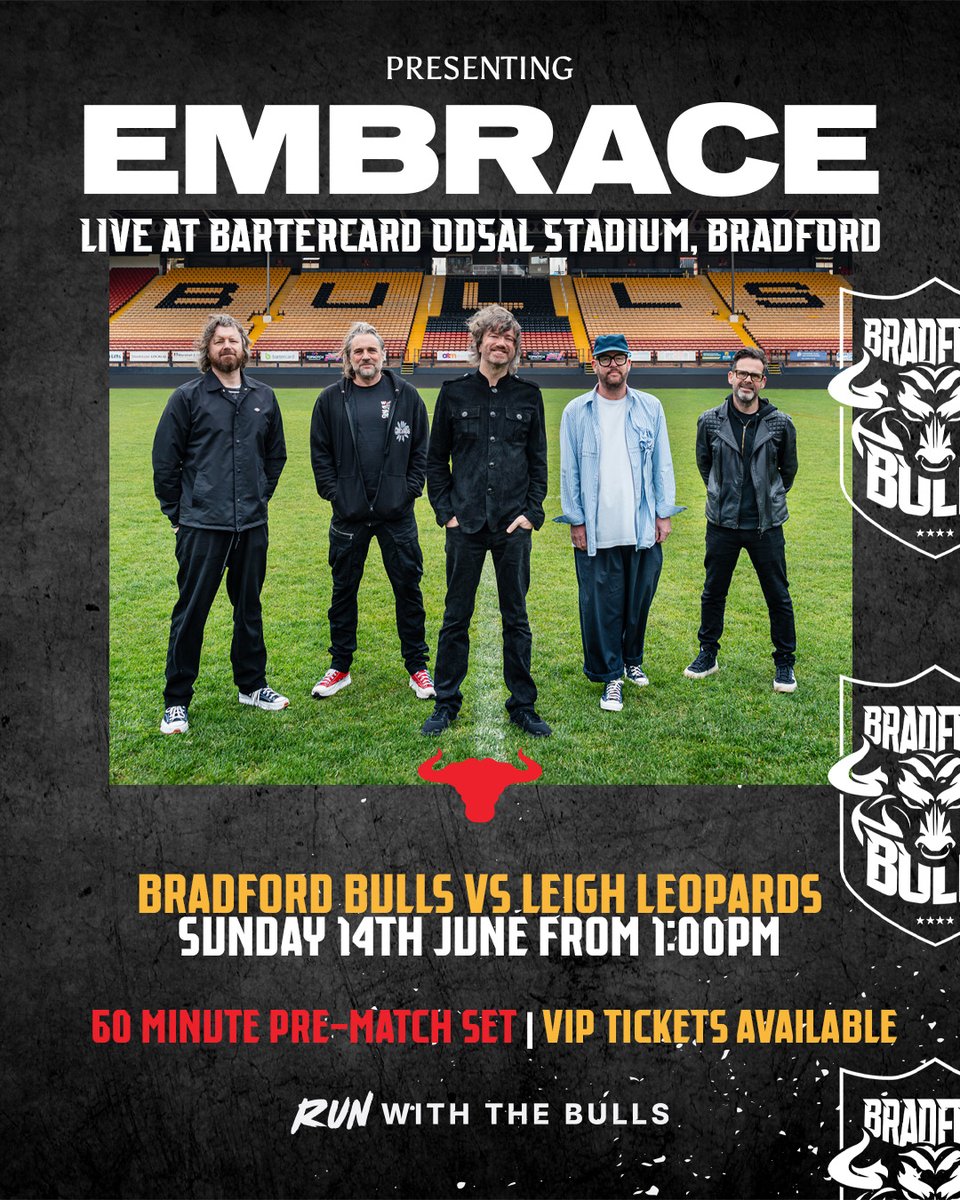 OfficialBullsRL's tweet photo. 🙌 | This Sunday. Bulls vs Leopards - with British music icons @embrace performing a 60 minute pre-match set!

🕐 | Sunday 14th June from 1pm. 

#RunWithTheBulls | 🎟️ Tickets: https://t.co/6T3bHajOEQ https://t.co/pEZmT1Md31
