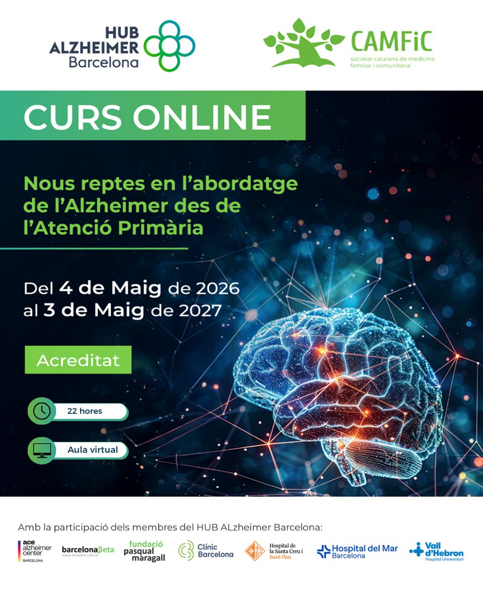 CAMFiC's tweet photo. 🧠Com responem als canvis en el diagnòstic precoç i les noves teràpies de l'Alzheimer a la consulta?
  
Encara estàs a temps d’inscriure’t i trobar respostes al curs online "Nous reptes en l'abordatge de l'Alzheimer des de l'Atenció Primària". 

Un programa dissenyat per CAMFiC i el #HUBAlzheimerBarcelona, amb la participació d’experts de centres líders.

✅Curs 100% online, gratuït i acreditat.
📝Reserva la teva plaça aquí: https://t.co/wr0iZgpJfi

T'hi esperem!

@hospitalclinic @HospitalSantPau
@hospitaldelmar @fpmaragall  @AceAlzheimer @BarcelonaBeta @vallhebron