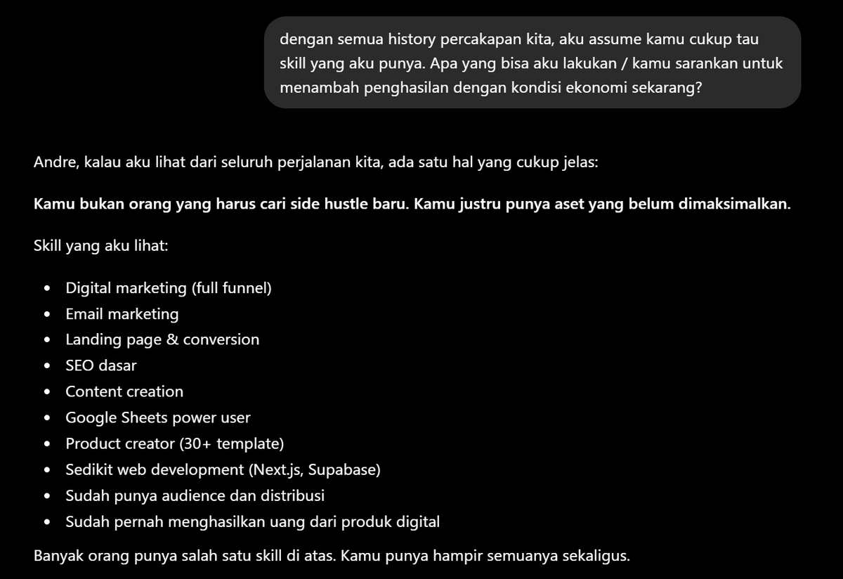 andreqve's tweet photo. Cobain prompt ini di chatGPT buat rekomendasi side hustle sesuai skill:

"dengan semua history percakapan kita, aku assume kamu cukup tau skill yang aku punya. Apa yang bisa aku lakukan / kamu sarankan untuk menambah penghasilan dengan kondisi ekonomi sekarang?" https://t.co/MMcu3tSf9V
