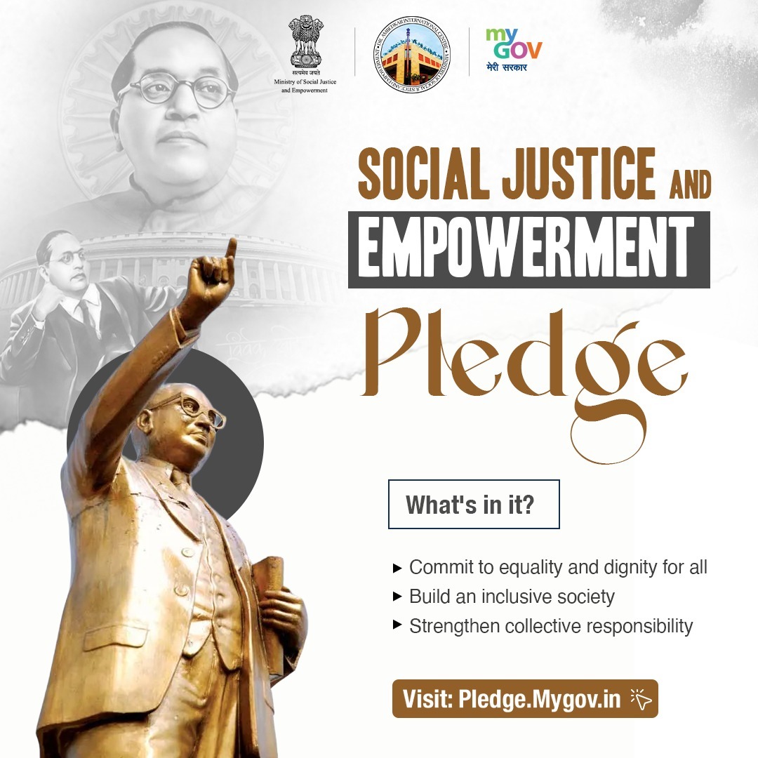 mygovindia's tweet photo. Empowering the Nation Through Collective Action

A stronger India is built on the foundations of equality, dignity, and justice for all. Join the movement to uphold these values and contribute to a more inclusive future.

Take the pledge: 🔗 https://t.co/hog9P6oR5F

#BabasahebAmbedkar
#SocialJustice 

@MSJEGOI