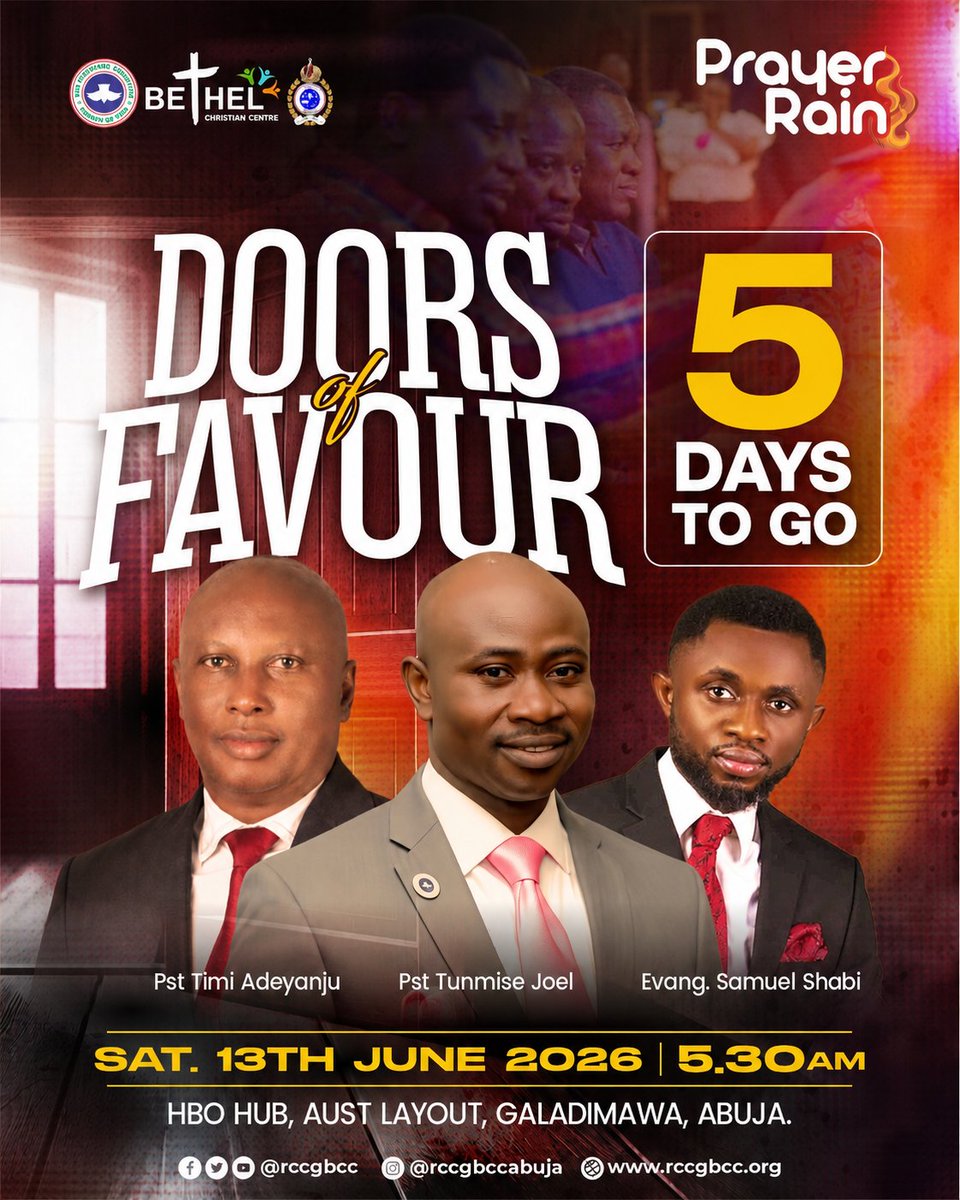 rccgbcc's tweet photo. 🚪🔥 5 DAYS TO GO 🔥🚪

The countdown is on!

Come expectant for:
🙌 Open heavens
🔥 Divine intervention
🚪 Supernatural open doors
✨ Uncommon favour

🗓 Saturday, 13th June 2026
⏰ 5:30AM
📍 HBO Hub, Aust Layout, Galadimawa, Abuja. https://t.co/ymZOLAHOBL