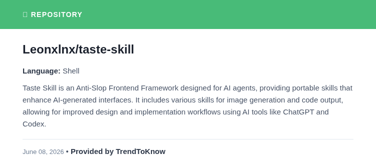 aitrendings's tweet photo. Leonxlnx/taste-skill

💻 Shell

#AIFramework #OpenSource #ImageGeneration #ShellScripting

🔗 https://t.co/MiaXRI9tAS https://t.co/Jipt7AW0vl