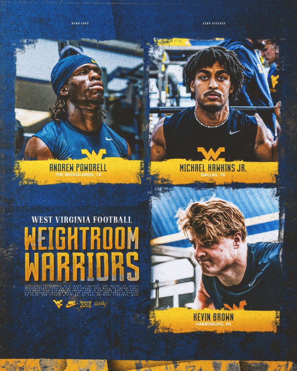 WVUfootball's tweet photo. 𝙒𝙚𝙞𝙜𝙝𝙩 𝙍𝙤𝙤𝙢 𝙒𝙖𝙧𝙧𝙞𝙤𝙧𝙨 𝙤𝙛 𝙩𝙝𝙚 𝙒𝙚𝙚𝙠 🦾

@andrew_powdrell 
@mikehawkinsj 
@KevinHBrown07 https://t.co/rYyFTDGGlX