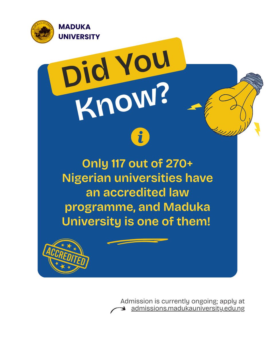 Madukapd's tweet photo. The Council of Legal Education has approved Maduka University to run the LL.B programme in Nigeria.

Our graduates would now be admitted into the Nigerian Law School, the compulsory gateway to practising law in Nigeria.

#MadukaUniversity #MadukaUniversitySeed #LegalEducation https://t.co/lZ7VDFtKmF