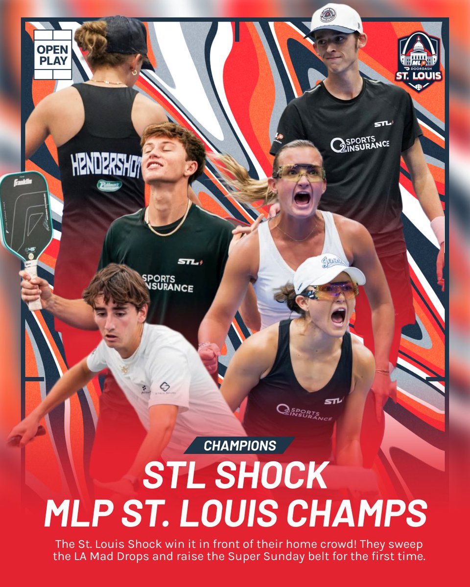 OpenPlayX's tweet photo. 🏆 CHAMPIONS CROWNED! 🎉 The St. Louis Shock electrified their hometown crowd, defeating the LA Mad Drops to claim their first-ever MLP Super Sunday title! 🙌

In a thrilling SWEEP that had everybody on the edge of their seats, the Shock absolutely dominated and showed no mercy against the formerly undefeated LA Mad Drops. They ended the Mad Drop streak to claim the MLP St. Louis Super Sunday belt.

Congratulations to the St. Louis Shock on an incredible, well-earned performance! ➡️ Up Next, MLP Austin! 🤠

#pickleball #propickleball #majorleaguepickleball #STLShock