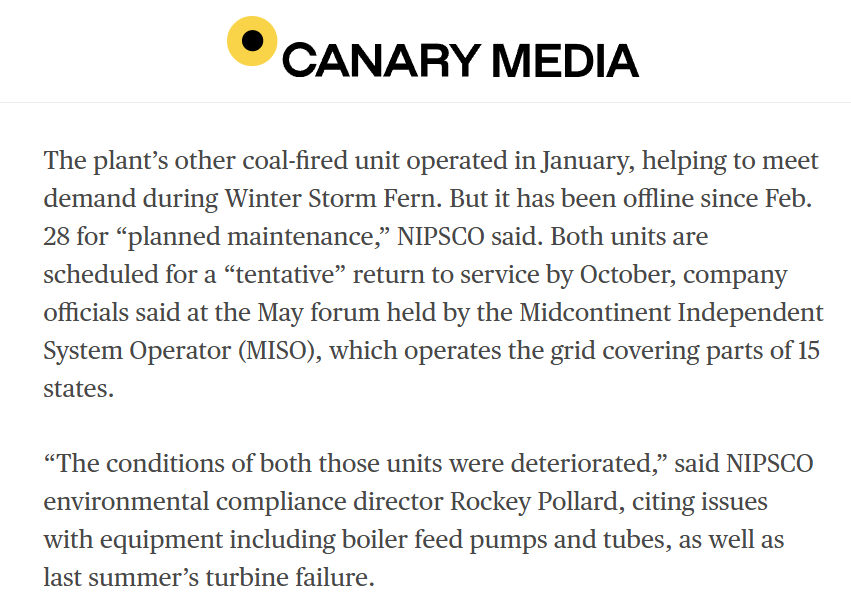Ben_Inskeep's tweet photo. The Trump administration's unlawful orders to force NISPCO to keep open the dilapidated Schahfer coal plant has been a complete and total fiasco.

NIPSCO admits the unreliable coal power plant hasn't generated any electricity in more than 3 months and will be out until October! https://t.co/KbIu1YG6vq