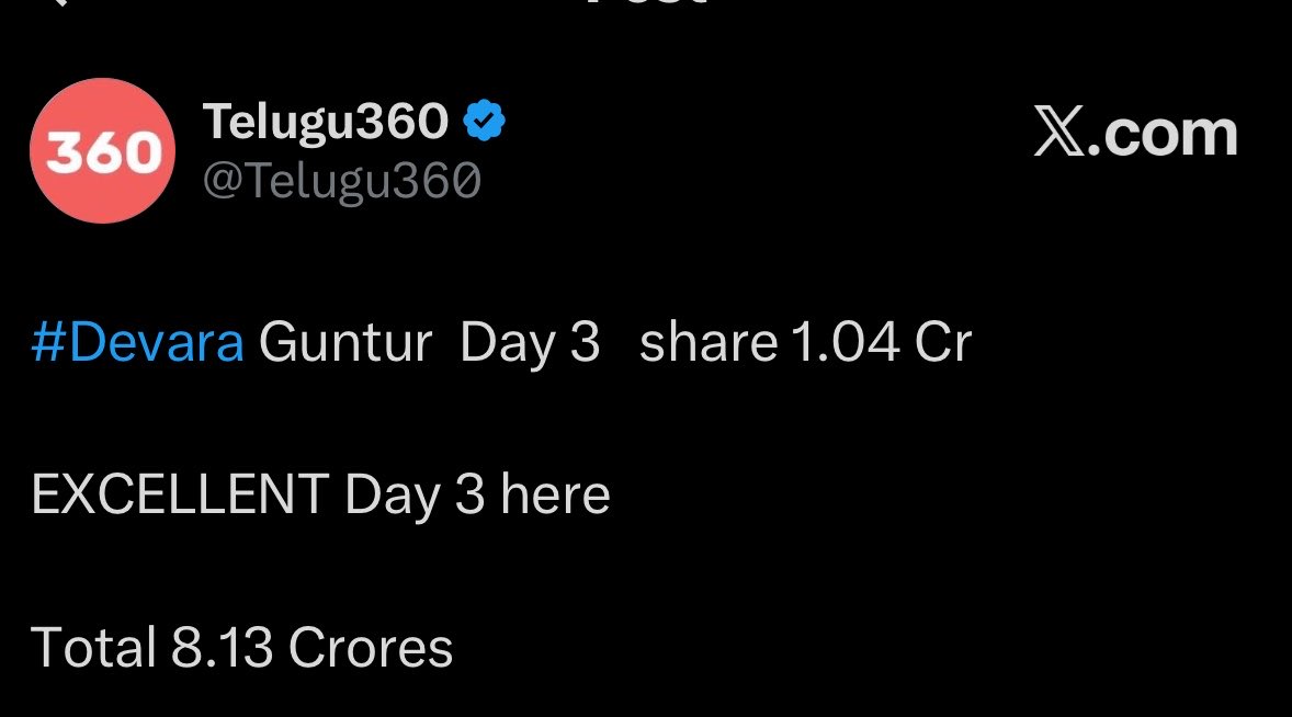 NtrFanSomesh's tweet photo. @Telugu360 #Devara 
Nizam - 6 Days 41 cr
West -  2 Days 4.08 cr
Guntur - 3 Days 8.13 cr

Nvu Vesinde Mari Ninnu Emani Pilavali @Telugu360 https://t.co/9GrwsLbleg