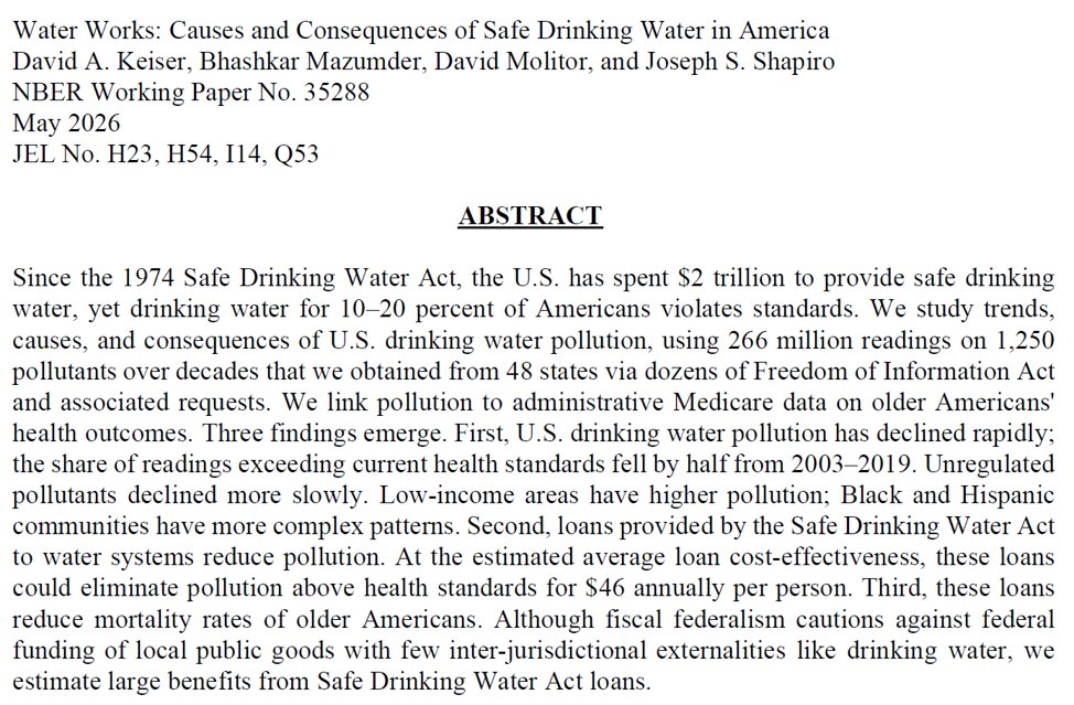 _josephshapiro's tweet photo. 💧New Paper
Water Works: Causes and Consequences of Safe Drinking Water in America

📉US drinking water pollution fell by HALF in 2003-2019

💰Safe Drinking Water Act $ helped

❤️Investments reduce mortality, benefit/cost ratio >20

w @DavidKeiserEcon BMazumder @davidmolitor 
👇 https://t.co/ps11lMIoBM