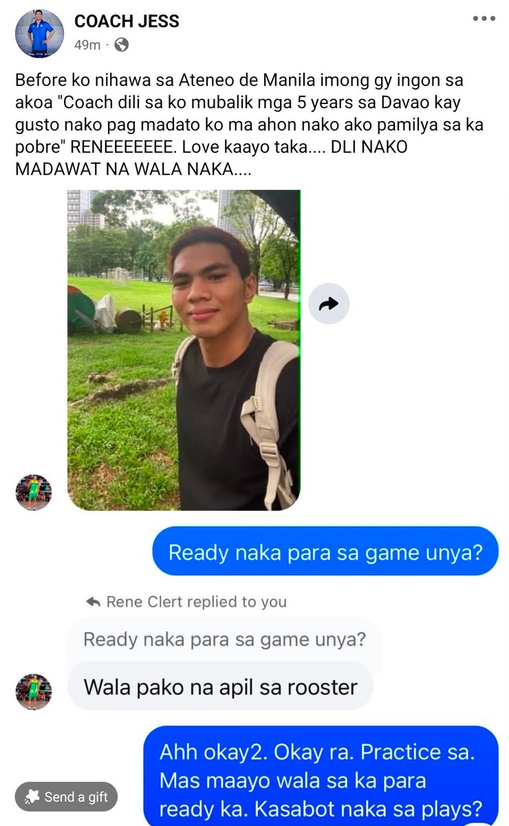 ecoconutnut's tweet photo. "coach di muna ako babalik ng 5 years sa davao kasi gusto ko yumaman para ma-ahon ko pamilya ko sa kahirapan.." hayup ang sakit 😭💔 https://t.co/ekE59ZVOTU