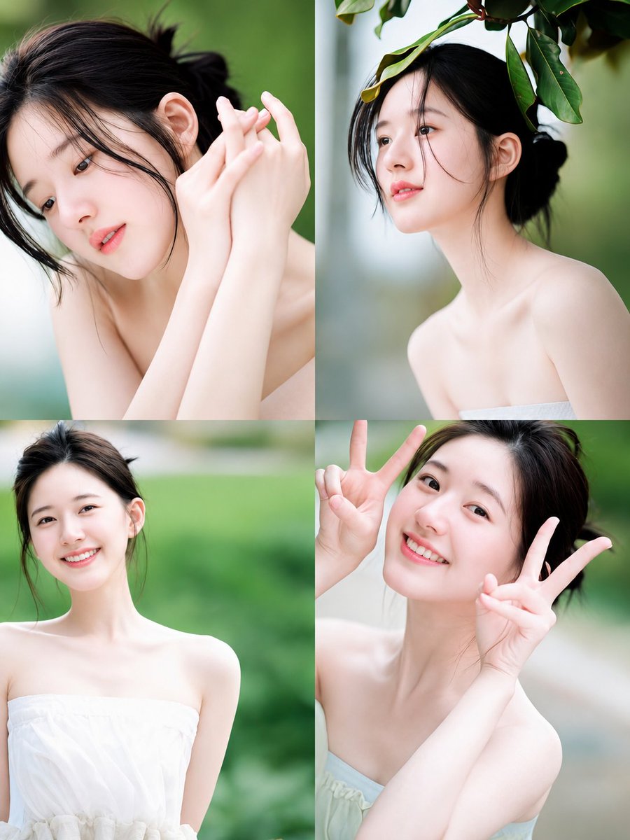RimuruT111's tweet photo. Soft elegance at its finest. Zhao Lusi looks effortlessly beautiful in this dreamy white outfit, paired with natural makeup, soft tied-up hair, and delicate expressions. The fresh green background and gentle lighting make the whole look feel calm, pure, and romantic. 🤍 https://t.co/ZEoFZgcj0U