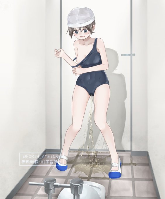 skebより、水着を脱ぐのが間に合わなくてお●らししちゃった子を描かせていただきました!ご依頼ありがとうございました🙇‍♂️ 