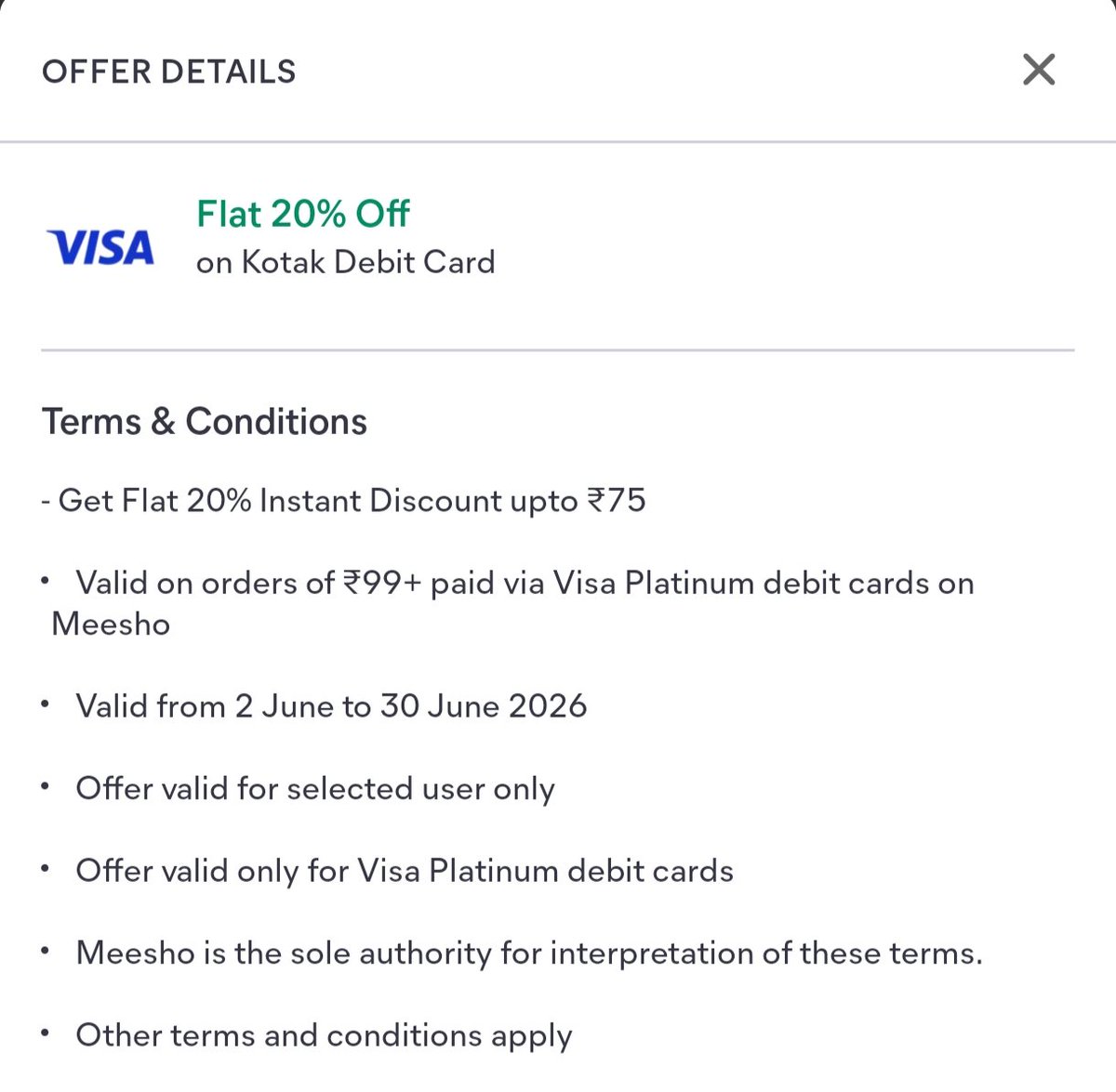creditcardwalah's tweet photo. 🔥 Meesho Offer Alert!

💳 Visa Platinum CC/DC → 20% OFF up to ₹75 
💳 Visa Classic DC → 15% OFF up to ₹50

✅ Min order: ₹99
 📅 Valid till 30 June

Not massive, but an easy ₹50-₹75 instant saving on small orders 😎

#ccgeeks #Meesho #VisaOffers #CreditCards #Cashback  💳🛍️