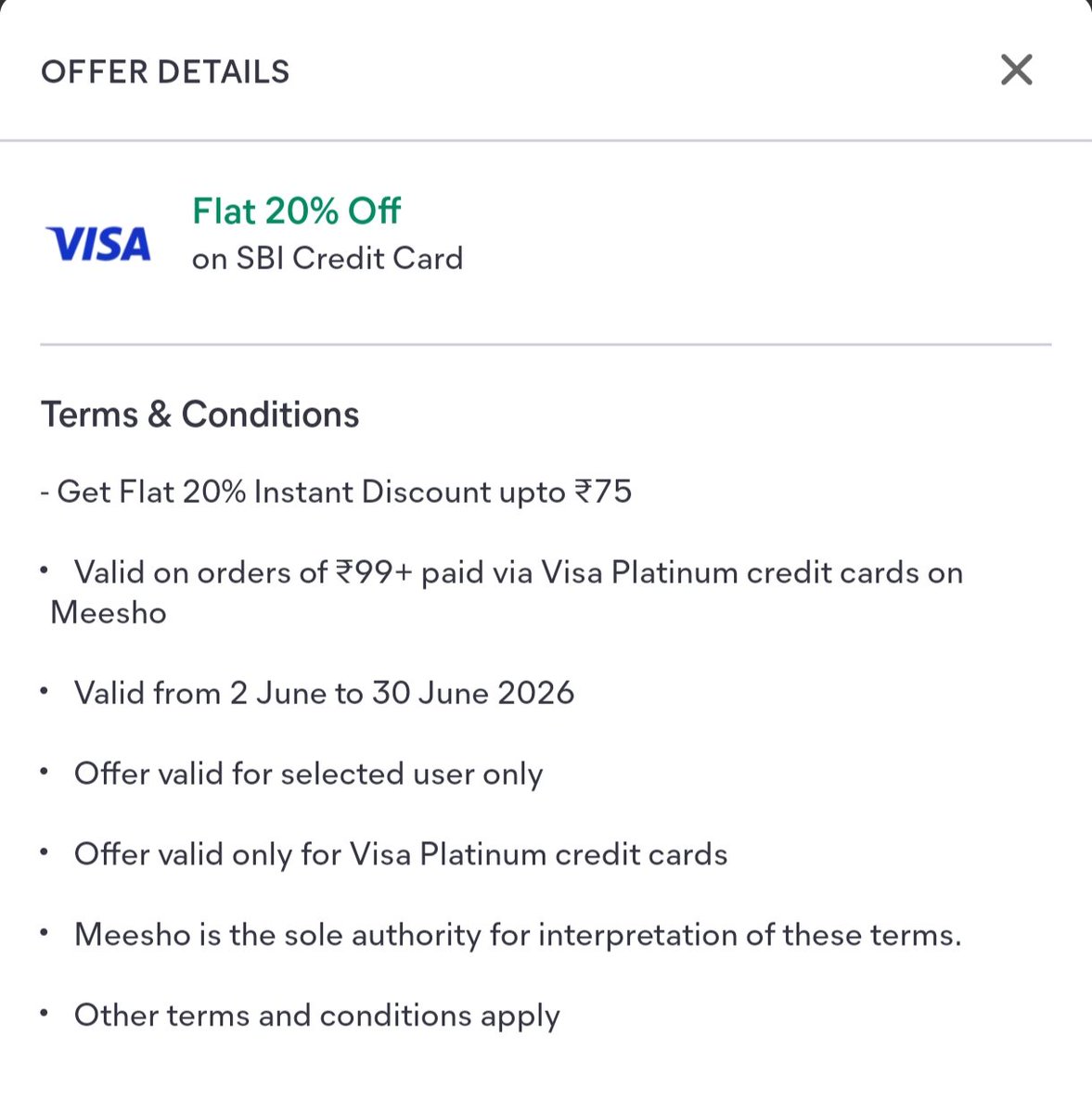 creditcardwalah's tweet photo. 🔥 Meesho Offer Alert!

💳 Visa Platinum CC/DC → 20% OFF up to ₹75 
💳 Visa Classic DC → 15% OFF up to ₹50

✅ Min order: ₹99
 📅 Valid till 30 June

Not massive, but an easy ₹50-₹75 instant saving on small orders 😎

#ccgeeks #Meesho #VisaOffers #CreditCards #Cashback  💳🛍️