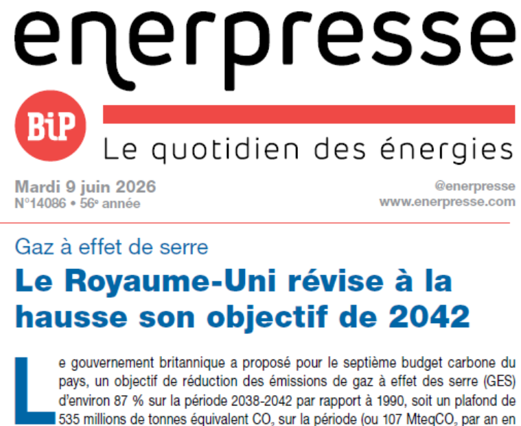 enerpresse's tweet photo. Au sommaire de @enerpresse 

🇬🇧 #GES : le Royaume-Uni révise à la hausse son objectif de 2042

🇫🇷 #Biométhane - CPB : la filière gaz s’interroge sur les intentions de l’Etat

🌎L’Opep+ augmente de nouveau sa production de pétrole de 188 000 b/j en juillet https://t.co/4CaVA5xBf1