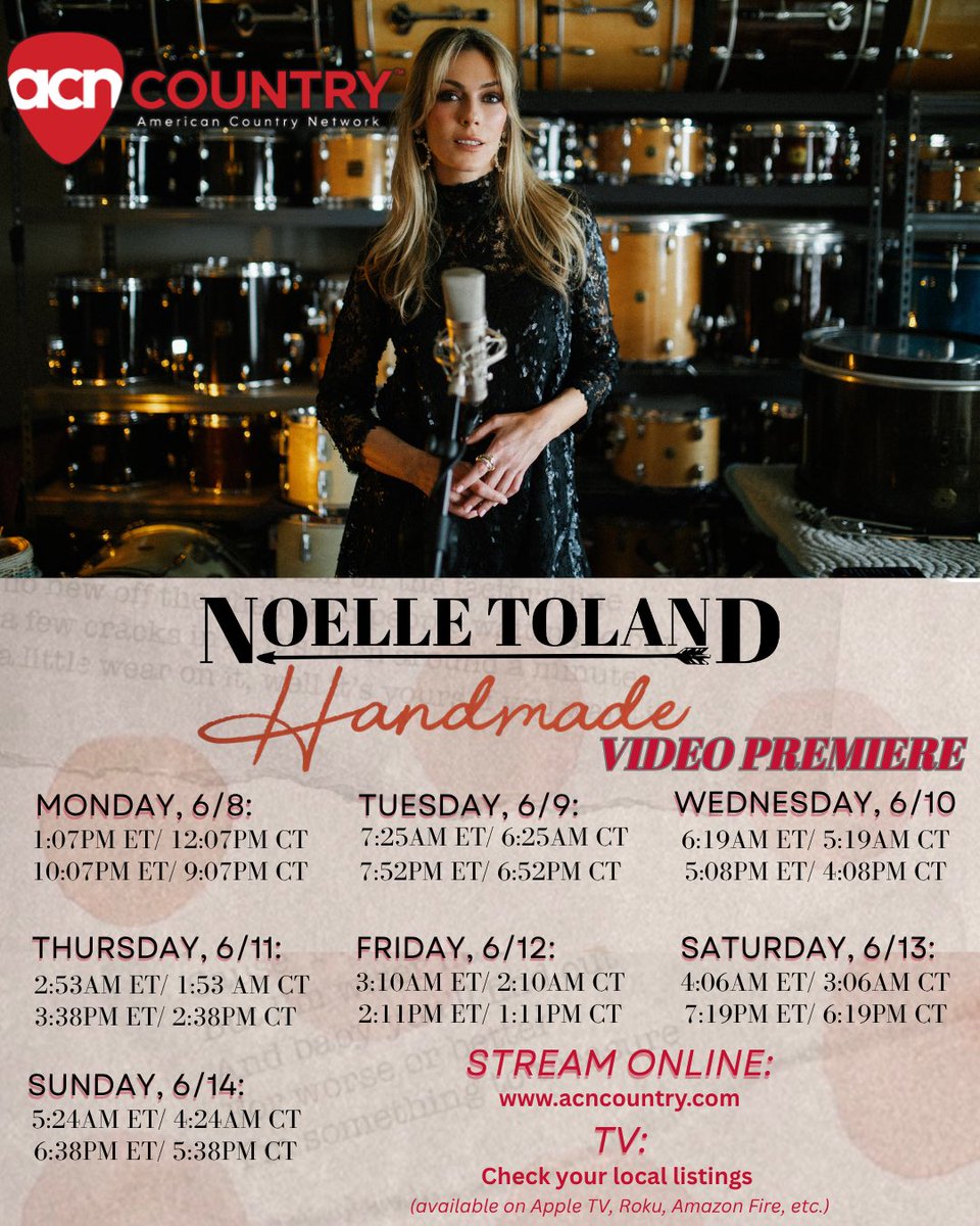 NoelleToland's tweet photo. The official video for ‘Handmade’ premieres on American Country Network today!! Here are all the times you can tune in to catch it. 🫶✨🫶 @acncountry 
#handmade #countrymusic #musicvideo https://t.co/C4j3GPPTs3