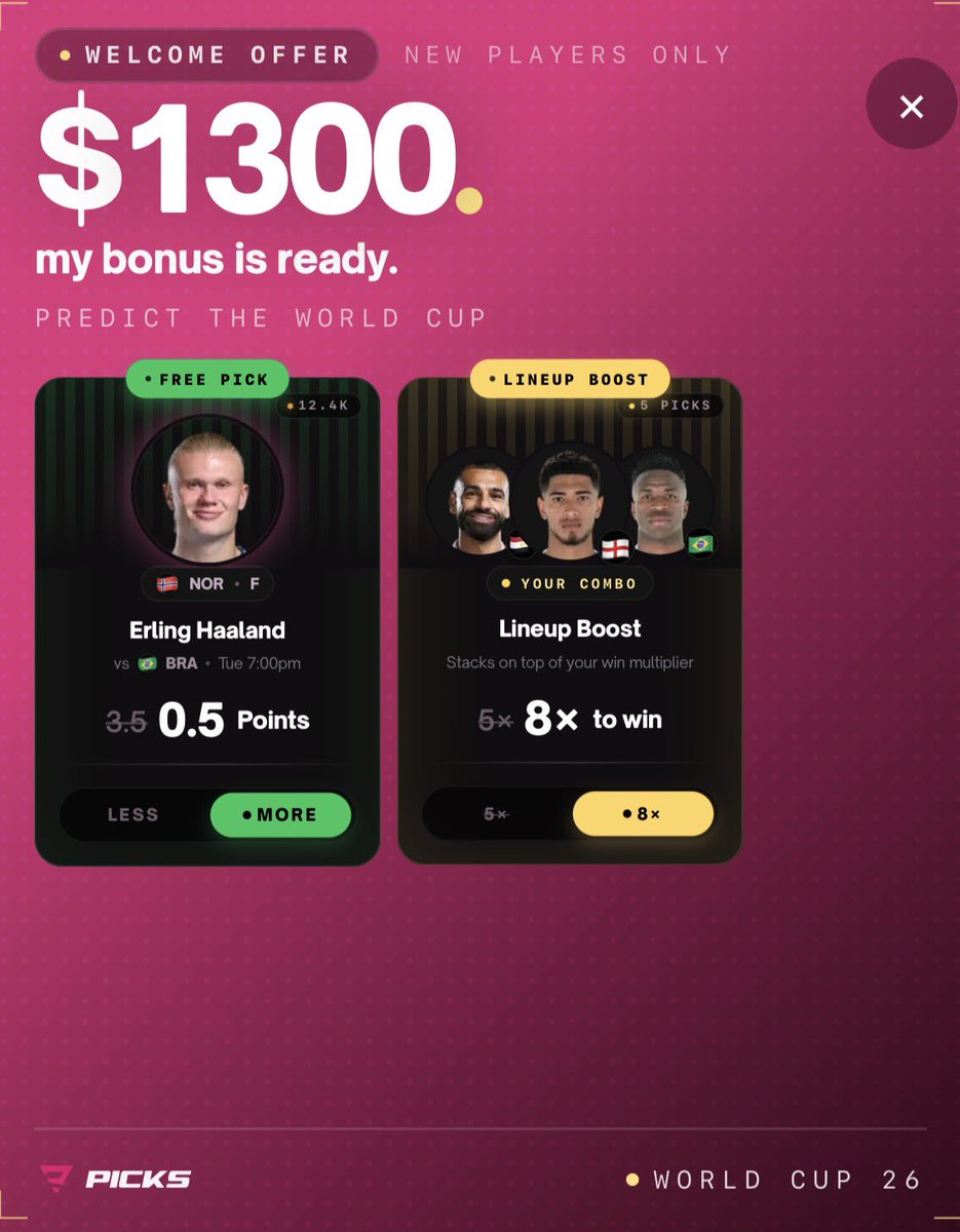 NiphermeDave's tweet photo. World Cup Starts In 3 days. I’d Be Making The Most Out Of It With @PicksdotApp 

- Head to
https://t.co/KdOYpcnxyL

- Connect wallet or mail
- Click on your bonus, then share
- Deposit $10, predict with $5, then you unlock your welcome bonus of $50

- You get up to $1000 bonus if you have high crypto wallet activity on Polymarket, etc

- Pick your players & predict their stats (with multipliers of up to 125x)

Get your team ready! Let’s ball
