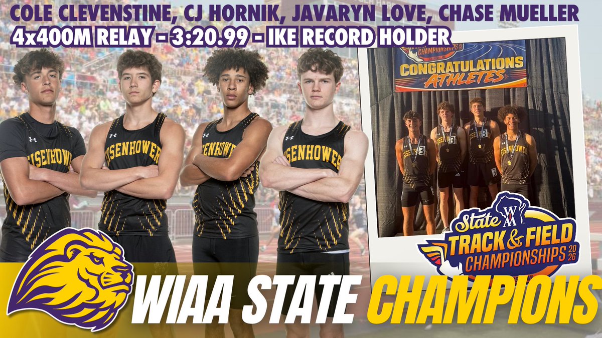 IkeLions's tweet photo. STATE CHAMPS!!!
The 4x400 relay team of Cole Clevenstine, CJ Hornik, Javaryn Love, &amp; Chase Mueller won a State Championship with a school record time of 3:20.99!!!
Congratulations on this amazing accomplishment!!!
#letsgoike https://t.co/hDnkLJkobI