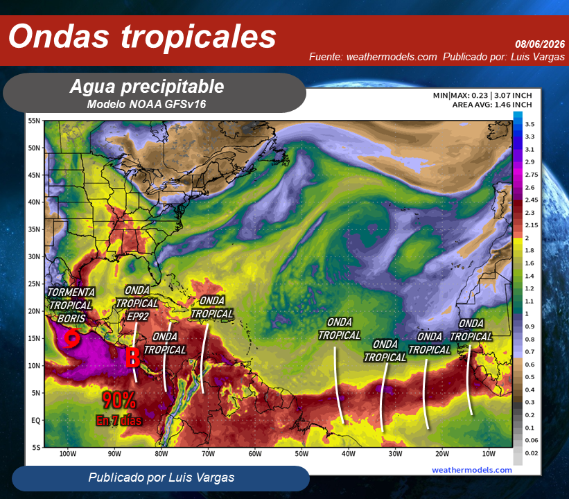 Meteovargas's tweet photo. #8Jun Para la fecha se han formado 14 ondas tropicales. Recordemos que junio es uno de los meses donde más se producen estos sistemas, con 11 en promedio y nada tiene que ver con que sea un año Niño, Niña o ENOS-Neutral. El número de ondas tropicales no obedece a las variables climáticas del ENOS. 

Así está el tren de ondas tropicales actualmente:
▶️Además de la Tormenta Tropical BORIS  al sur de México en el Pacífico, también tenemos el sistema EP92 en observación con 90% de probabilidades de convertirse en ciclón tropical en costas de Centroamérica. 
▶️Sigue otra onda tropical al norte de Panamá y la que se ubica en el occidente de Venezuela (efecto descrito en mi pronóstico de esta mañana).
▶️Luego tenemos una seguidilla de 4 ondas desde los 42° oeste hasta las costas africanas. Más adelante daré detalles de ellas.