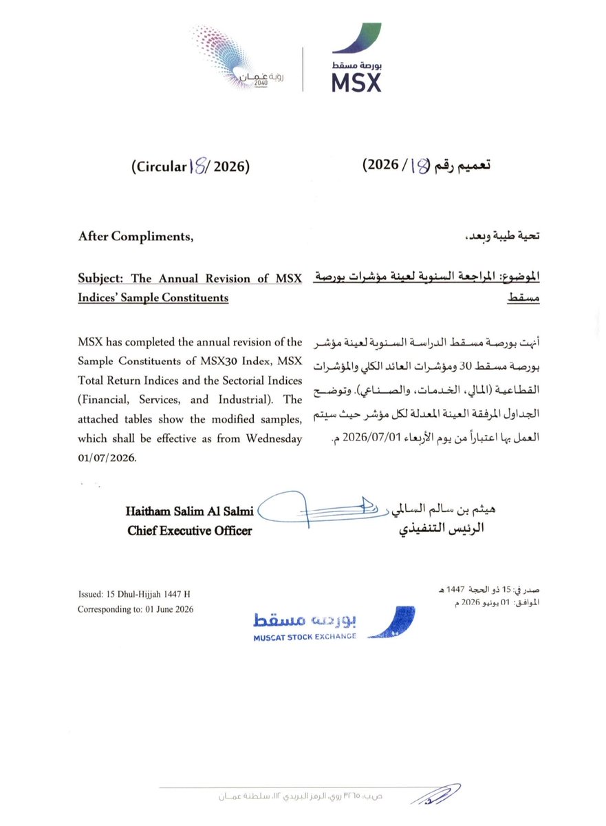 msxtraveler's tweet photo. تحديث قائمة المؤشر الرئيسي
MSX30

دخول:
صندوق جبل العقاري
صحار للطاقة
بنك ظفار
البنك الأهلي
الخليج للكيماويات
جلفار
اسمنت عمان

خروج:
الغاز الوطنية
حديد الجزيرة
الشرقية للاستثمار
الصفاء
الدولية للاستثمارات المالية
اس ام ان باور
بنك عمان العربي

يبدأ العمل به من تاريخ
١-٧-٢٠٢٦ https://t.co/mhKOmZGPHt