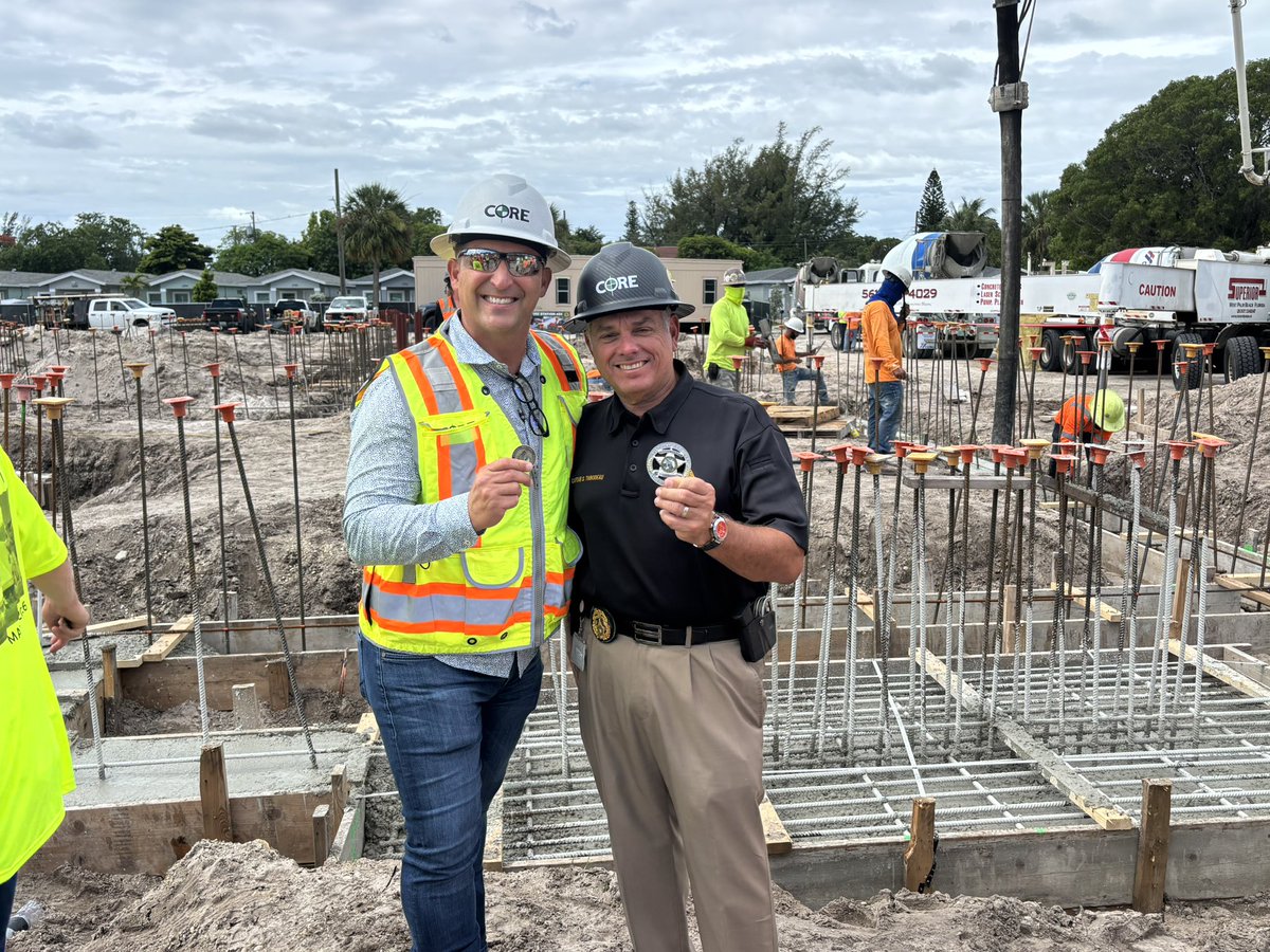 PBCountySheriff's tweet photo. PBSO District 3 North County joined Fire Rescue for the foundation pouring of Fire Station 24 in the West Gate community. Captain Thibodeau and his team were there to represent PBSO and celebrate this important milestone. There’s a tradition of placing coins into the foundation of newly constructed fire stations, so to show our support, we added a few PBSO challenge coins too. Good luck Fire Station 24!