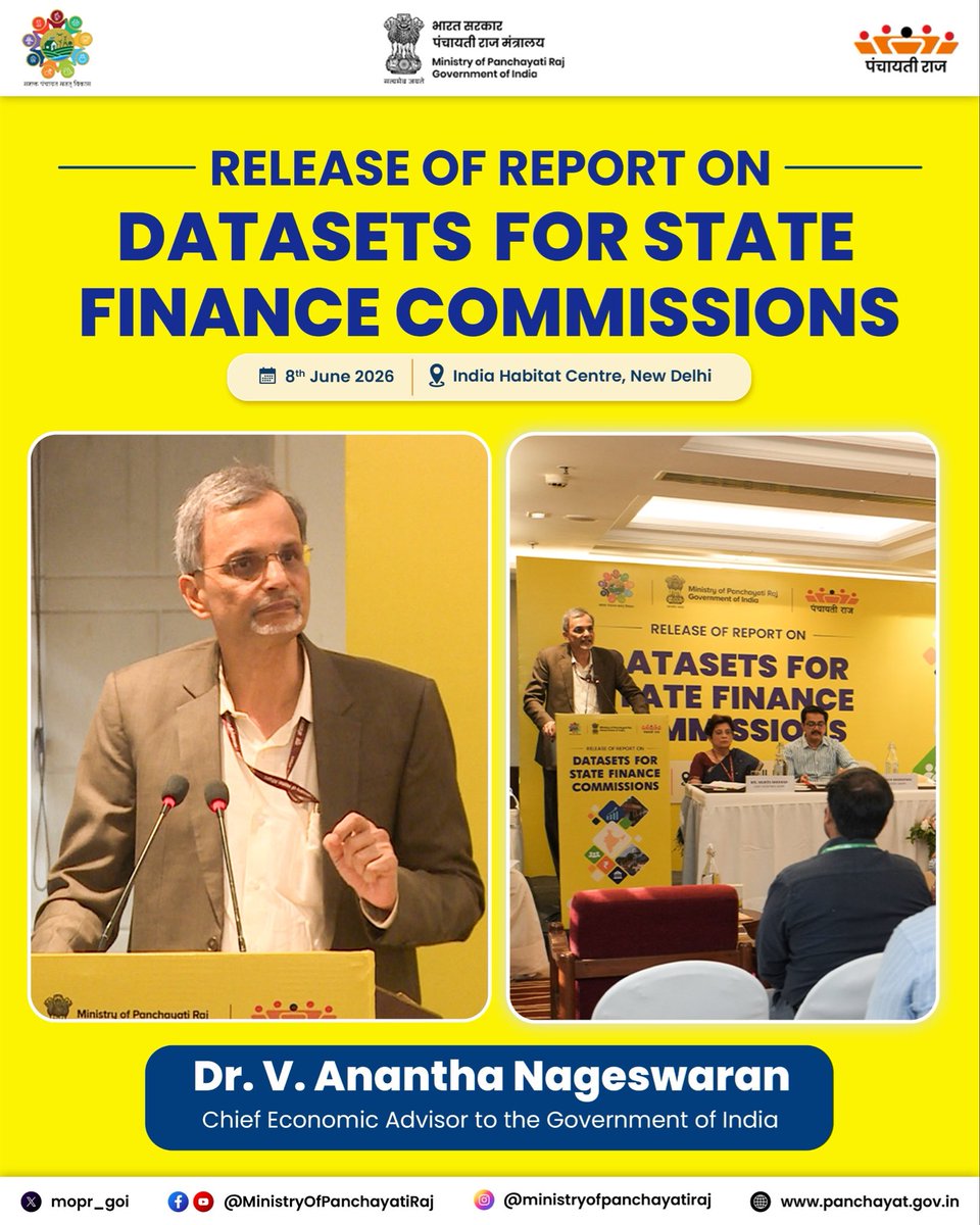 mopr_goi's tweet photo. #DatasetsForSFCs | Delivering the keynote address at the programme for the release of the Report on Datasets for State Finance Commissions, Dr. V. Anantha Nageswaran, Chief Economic Advisor to the Government of India, emphasized that the quality of governance experienced by citizens at the grassroots level is closely linked to the effectiveness of Panchayati Raj Institutions and the services they deliver.

Highlighting the importance of data-driven policymaking in strengthening fiscal decentralisation, he underscored the need for reliable, timely, and granular data to support evidence-based decision-making by State Finance Commissions. He noted that robust data systems are essential for assessing local needs, improving resource allocation, and enhancing the delivery of public services. Referring to the recommendations of the report, he stated that strengthening the information architecture for local governance would contribute significantly to empowered local self-government, improved ease of living, and more effective grassroots development.

#PMO #MoPR #PanchayatiRaj #StateFinanceCommissions #SFCs #FiscalDecentralisation #LocalGovernance #DataDrivenGovernance #EvidenceBasedGovernance #12YearsOfSeva #12YearsOfReforms #12YearsOfGaribKalyan