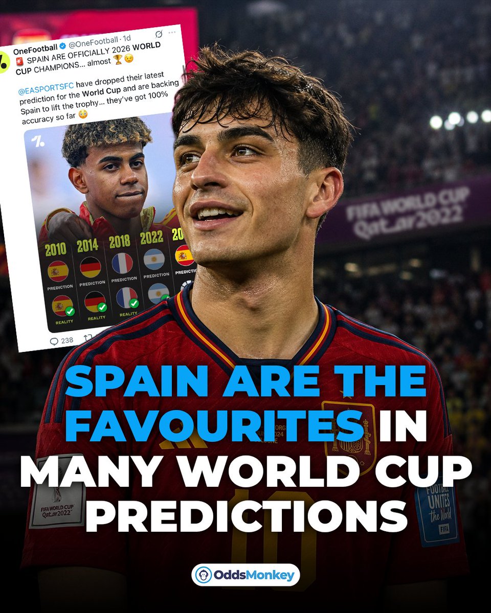 OddsMonkey's tweet photo. EA Sports predicted the last four World Cup winners correctly, and their pick for 2026 is Spain.

But with 48 nations in the tournament, anything can happen. 🏆

While fans debate who wins it all...

Matched bettors are locking in profits regardless of the outcome. 🤝💰 https://t.co/ulbjke0ZcF