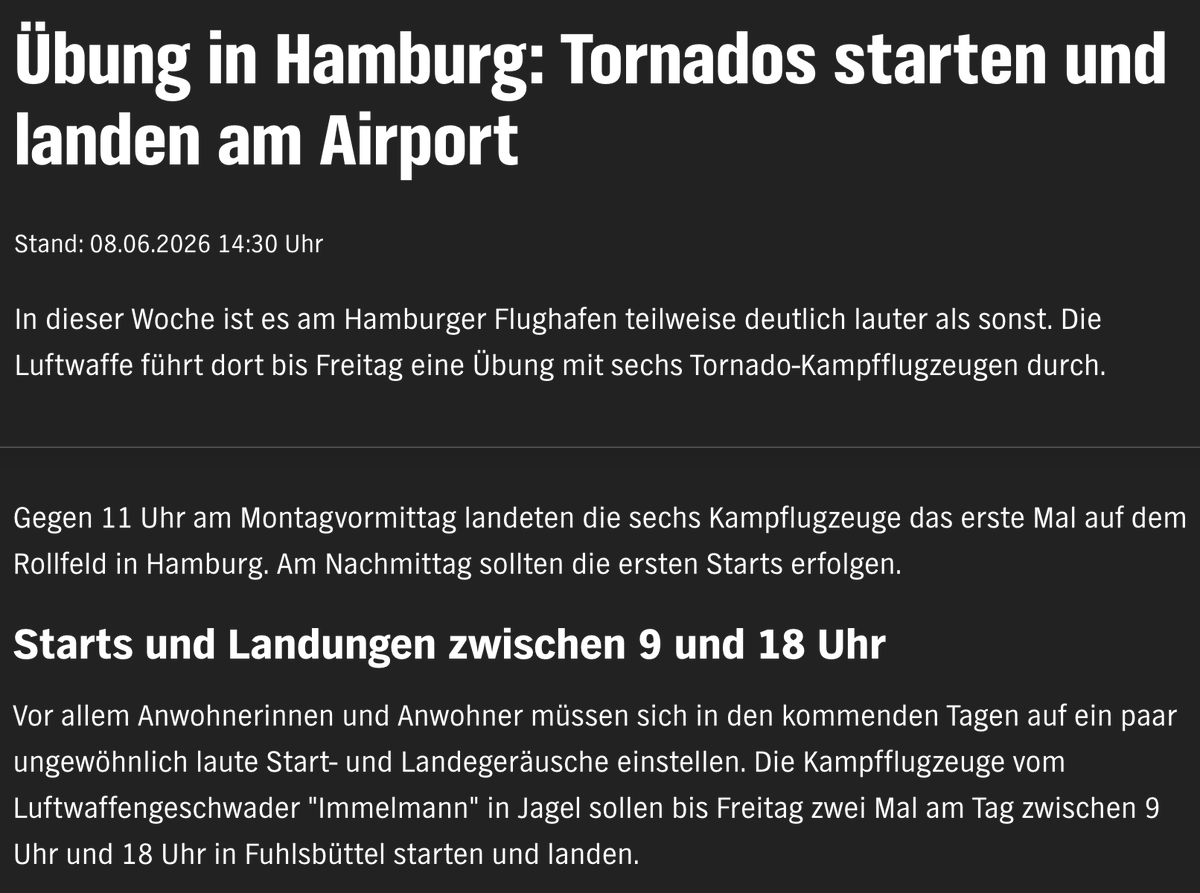 ulenrich's tweet photo. @Mnlklk_ Ich hatte eben gedacht, der Ernstfall ist eingetreten. Die Tornados sind, obwohl anders behauptet vom NDR, nach dem Start vom Airport Fuhlsbüttel flach über das Wohngebiet weitergeflogen im Tiefflug. Ich sah nur noch den zweiten von hinten. Deswegen dachte ich Krieg https://t.co/Z31wq6MTt3