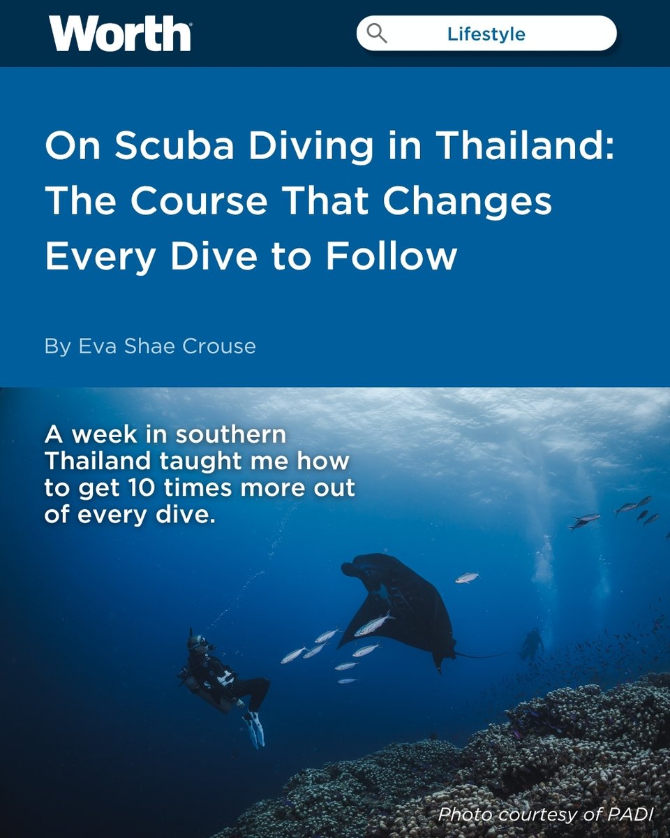 worthmag's tweet photo. Since 1970, oceanic shark and ray populations have declined by 71%. More than a third of all species are now threatened with extinction — and when sharks disappear, the rest of the reef goes with them.

Off the coast of Krabi, Thailand, a new @padiaware citizen-science program is turning recreational divers into conservation data collectors — logging every shark sighting, replanting broken coral, and removing fishing gear tangled deep into the reef.

PADI AWARE's programs aren't an alternative to a vacation in southern Thailand. The work asks for the one thing you can't outsource: your attention.

Read the full story on the dive course that changes every dive to follow:
https://t.co/Vd75rQ4bAO
By Eva Shae Crouse

#PADI #Scuba #Thailand #Lifestyle #WorthMedia