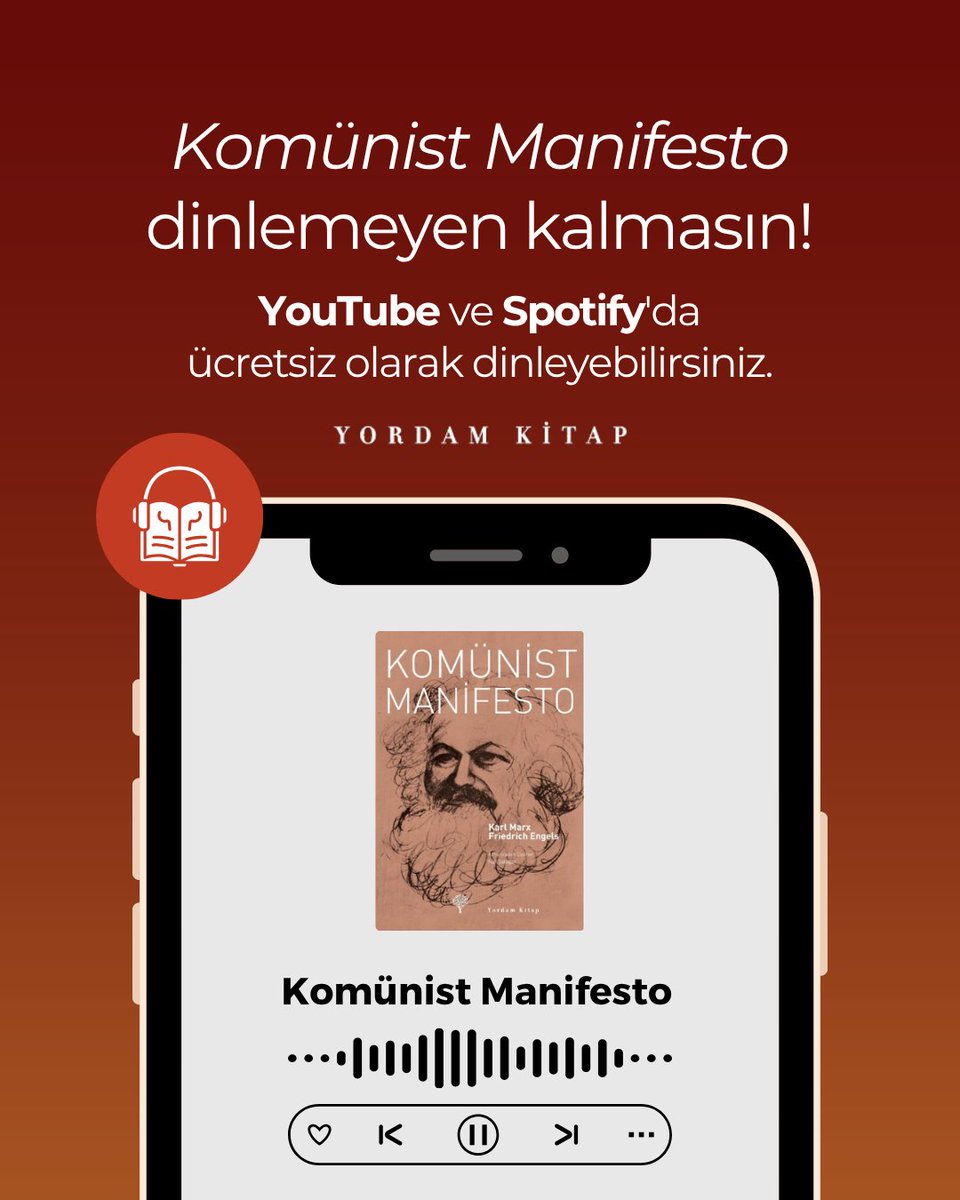 YordamKitap's tweet photo. Şubat ayında “Komünist Manifesto okumayan kalmasın” demiştik. Şimdi de diyoruz ki: Komünist Manifesto dinlemeyen kalmasın!
Manifesto artık YouTube ve Spotify'da ücretsiz olarak dinlenebilir, tüm okurlarımızın erişimine açık. 👇
YouTube: https://t.co/2OkIa6oO6x
Spotify: https://t.co/4ZkcGU50I3