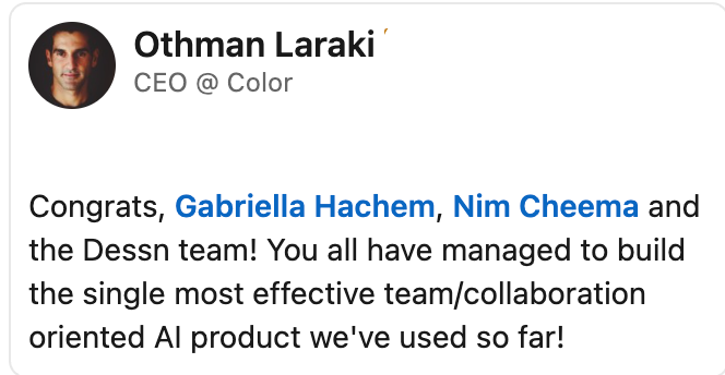 GabriellaHach's tweet photo. "The single most effective team/collaboration AI product @Color has used 🚀" - @othman https://t.co/1HwIlHTVFS