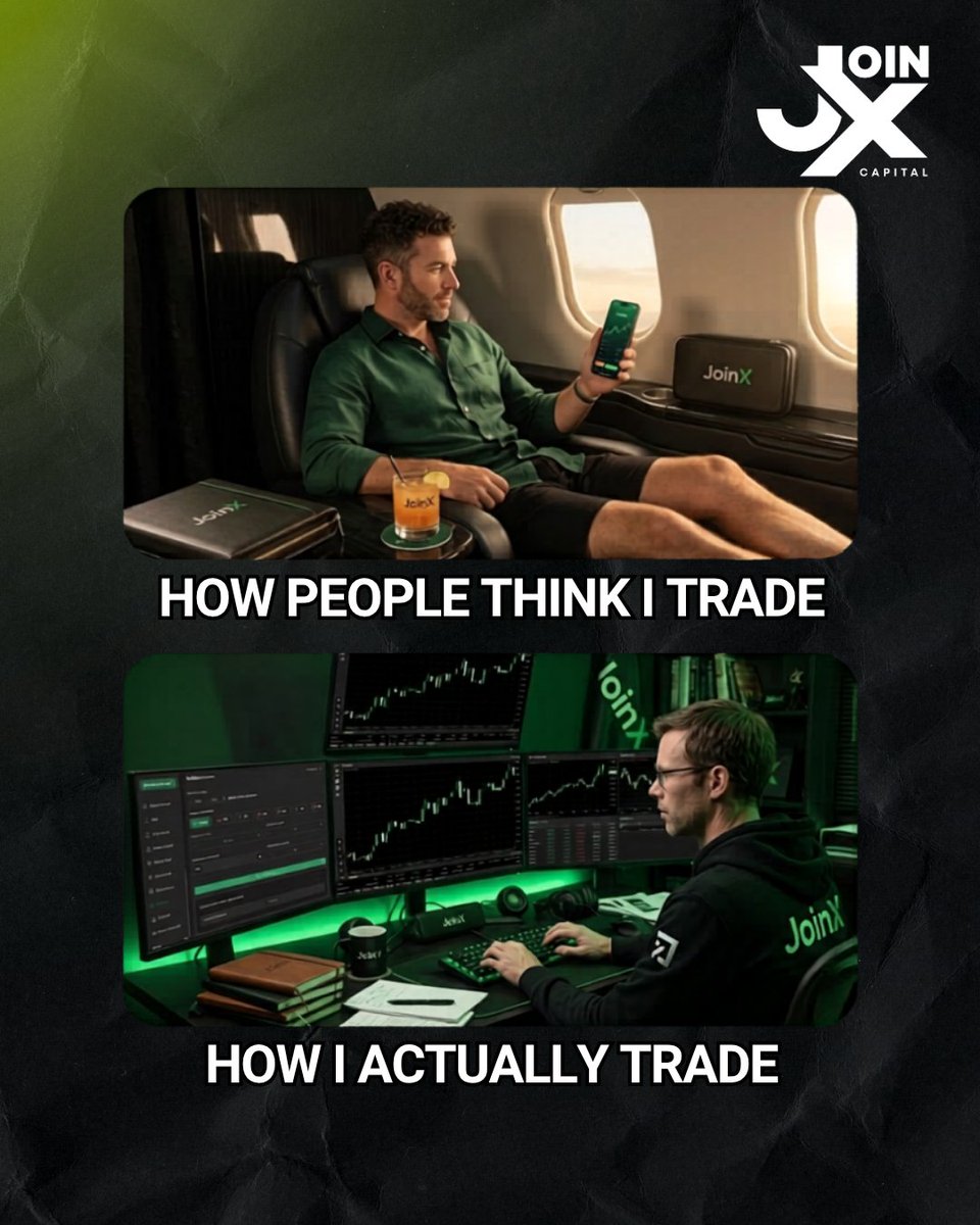 joinxcapital's tweet photo. The lifestyle is the goal, but the setup is where the magic actually happens. 💸💻

Everyone sees the private jet dreams, but real traders know it takes focus, multiple screens, and the right capital to back your strategy. At Joinx Capital, we don't care where you trade from—we just give you the institutional funding to make it count.

🎯 Ready to scale your setup? Skip the challenge and get funded today.

#JoinxCapital #TradingMeme #ExpectationVsReality #DayTraderLife #TradingSetup #ForexTraders #PropFirm #FundedAccount #CryptoTrading #TraderHumor #ChartsAndChill