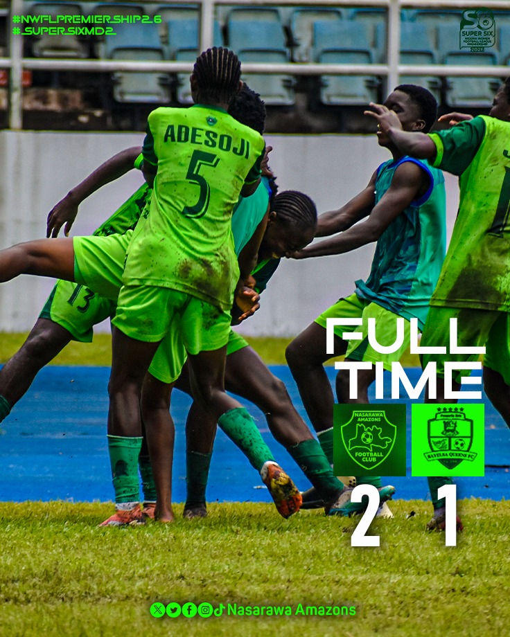 amazons_fc's tweet photo. 🏆 NWFL Super six2026

FT: Nasarawa Amazons FC 

         2 - 1  

Bayelsa Queens FC 
⚽ Moses 80' 
⚽Ayatsea 90' + 4' 
 
 ⚽ Chaimaka 51' (bay)

#NasarawaAmazonsFC #Lafialandladies 
#NWFLSuper6 . https://t.co/P4JrMuzrxT