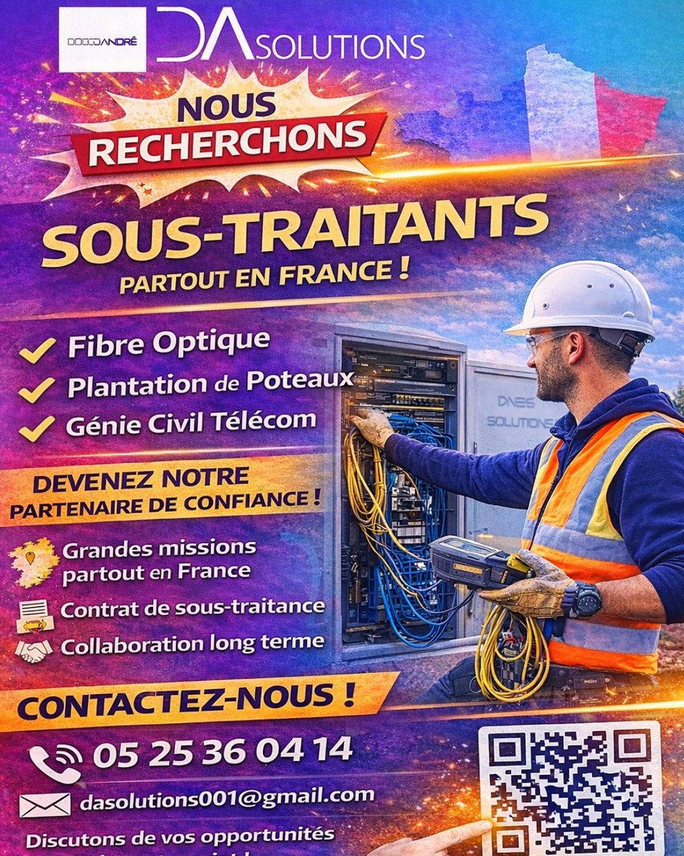 dasolutions5's tweet photo. 🔥 Sous-traitants FTTH &amp; Génie Civil : c'est le moment !

Plusieurs projets arrivent et nous renforçons notre réseau de partenaires.

✅ Démarrage rapide
✅ Missions à venir
✅ Collaboration durable
📩 Venez nombreux et contactez-moi directement.
#Telecom #FTTH #FibreOptique https://t.co/rmhgdfXFAt