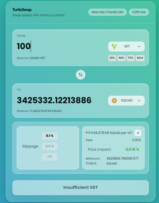 SquadVeChain's tweet photo. How to buy $SQUAD?

1. Make sure you have $VET in your VeWorld/Sync2 Wallet
2. Go to @TurtleSwapV & Connect your Wallet
3. Turtle Swap shows the VET/SQUAD Trading Pair on Default, Put in the amount of $VET you wanna swap for $SQUAD
4. Wait for confirmation and Share your Trade on X!

It is that easy!