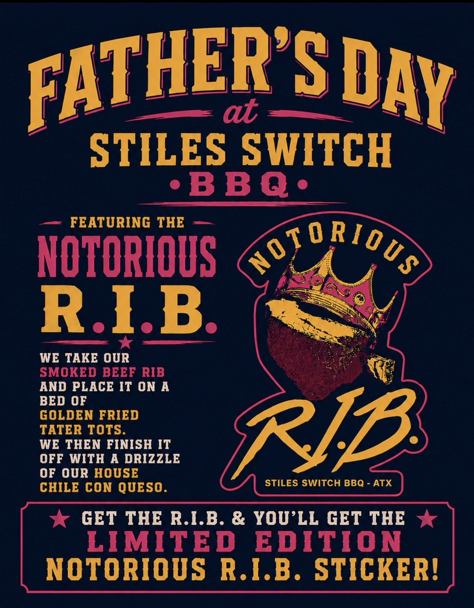 StilesSwitchBBQ's tweet photo. 🔥 Join us this Father’s Day at Stiles Switch BBQ!

We will be throwing it down with all of your favorite Texas Craft BBQ.

🔥 Up on the specials board  we will be featuring the...
🎤 NOTORIOUS R.I.B.    🔥 IYKYK 

#TexasBBQ #FathersDay #AustinTX #BBQ #CedarParkTX https://t.co/cEg10D0Ky6