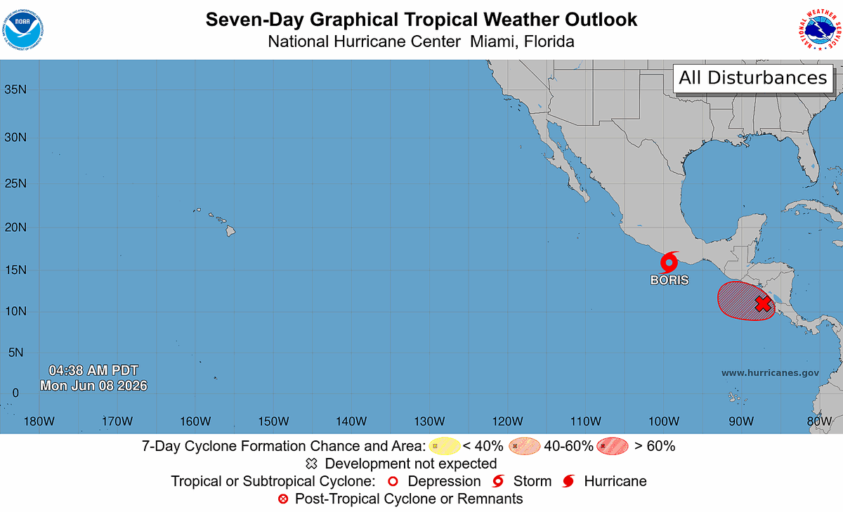 METCATEPTY's tweet photo. Tormenta Tropical Boris con VMS de 35 kt, PCM de 1002 mb, localizada en 15.9N 99.2W y mov al NE a 2 kt. La perturbación 1 con alta prob de formación ciclonica en 48 horas (90%) con lluvias y tormentas muestra signos de organización. Info NHC 5am PDT. https://t.co/S2F0JfgRM4