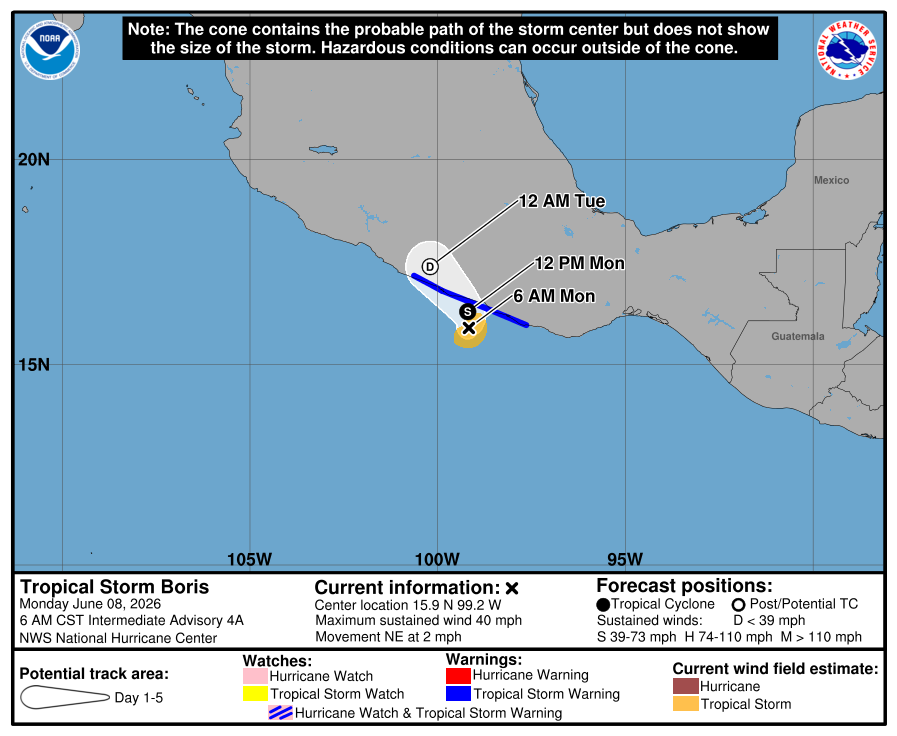 METCATEPTY's tweet photo. Tormenta Tropical Boris con VMS de 35 kt, PCM de 1002 mb, localizada en 15.9N 99.2W y mov al NE a 2 kt. La perturbación 1 con alta prob de formación ciclonica en 48 horas (90%) con lluvias y tormentas muestra signos de organización. Info NHC 5am PDT. https://t.co/S2F0JfgRM4