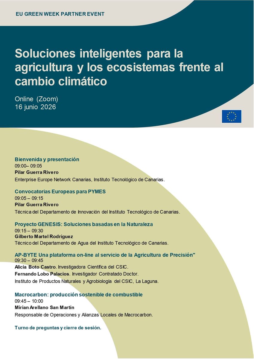 ipnacsic's tweet photo. El 16 de junio, Alicia Boto y Fernando Lobo (#IPNA-CSIC) presentarán el proyecto AP-BYTE en el webinar "Soluciones inteligentes para la agricultura y los ecosistemas frente al cambio climático", dentro de la #EUGreenWeek2026

💻 Online y gratuito
🔗 https://t.co/l3NAi6Bcck https://t.co/IW1rl8YHMK