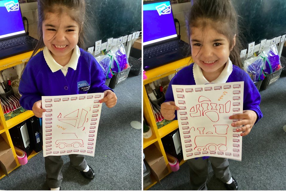 OAClarksfield's tweet photo. Linked to learning of the ‘Naughty Bus’ story, the Nursery children have enjoyed drawing around the outlines of the vehicle stencils, developing their fine motor and mark making skills. https://t.co/9vz5n6kVqC
